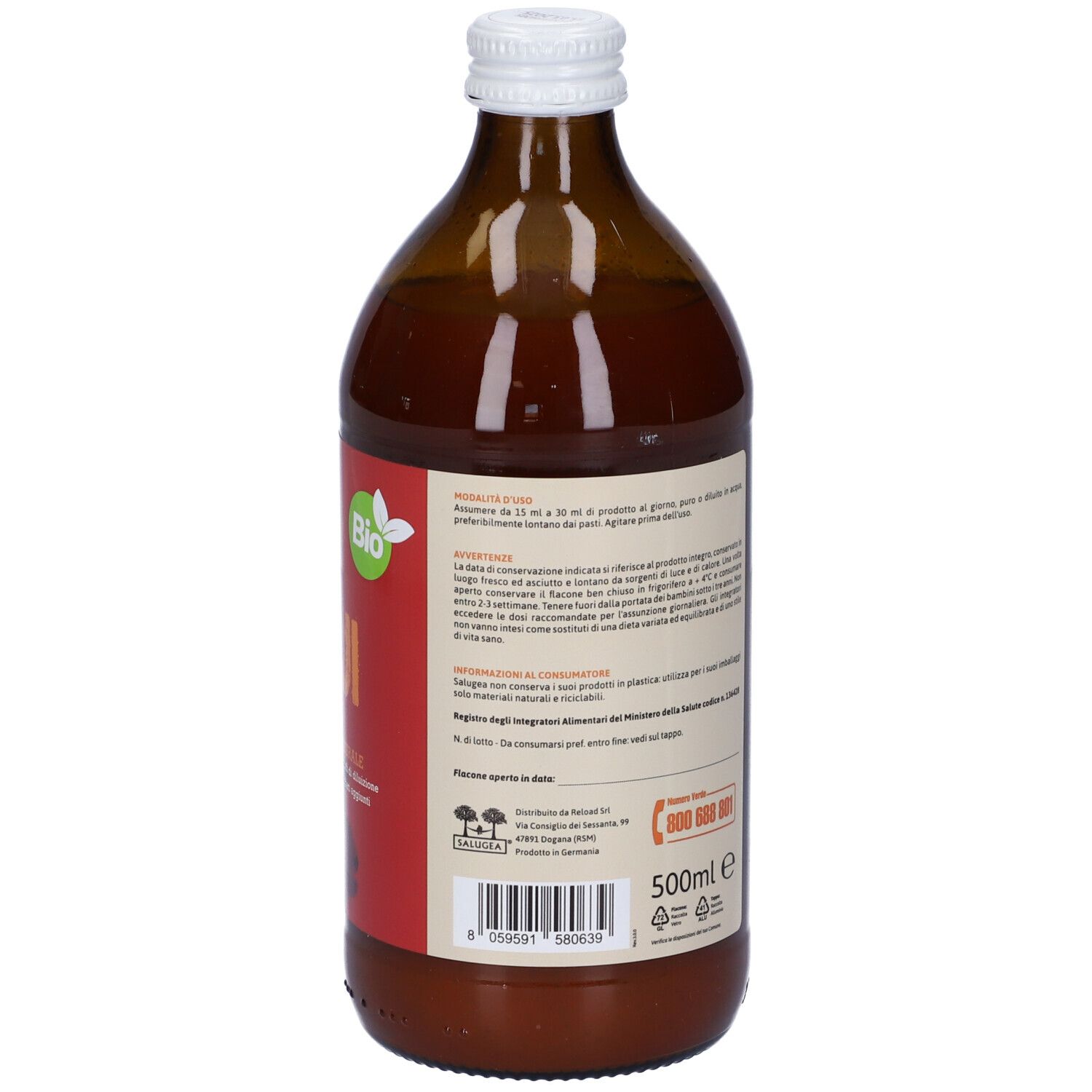Retro della bottiglia con testo e informazioni nutrizionali. Testo: "GOJI", "100% Naturale".