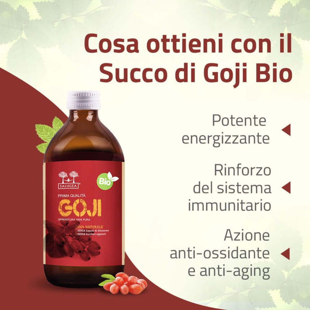 Bottiglia di prodotto con testo. Testo: "Potente energizzante", "Rinforzo del sistema immunitario", "Azione anti-ossidante e anti-aging".