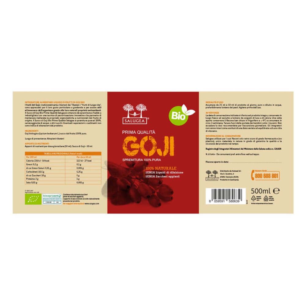 Etichetta del prodotto con testo e informazioni nutrizionali. Testo: "GOJI", "100% Naturale".