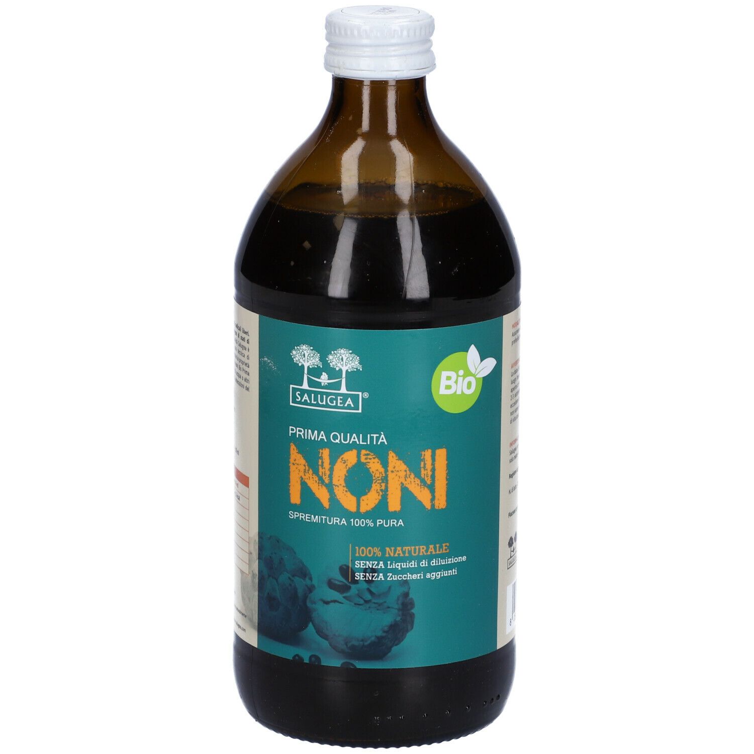 Bottiglia di vetro marrone con etichetta verde. Scritta: Noni, Bio, 100% Pura. Con tappo bianco.