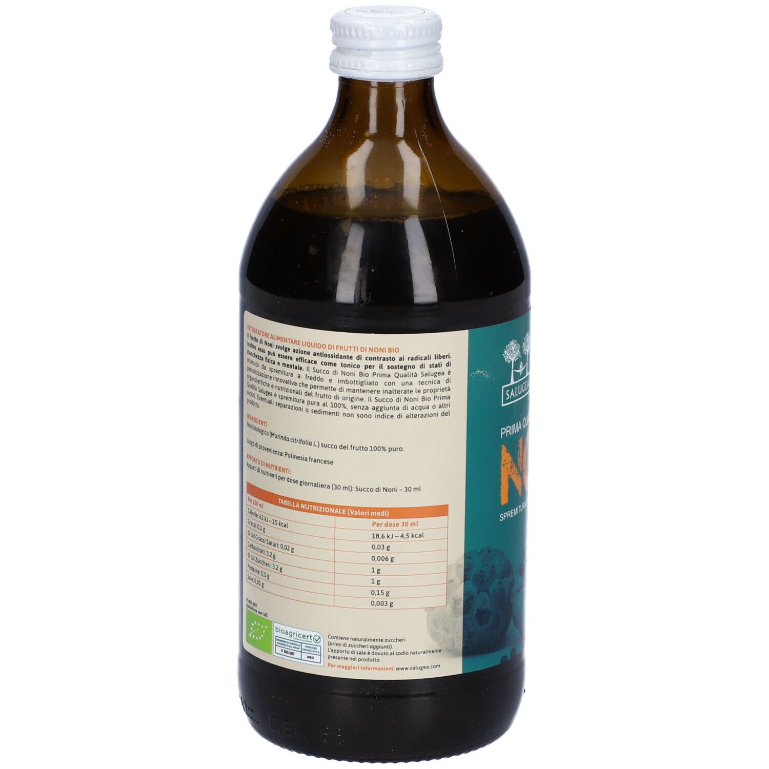Retro della bottiglia di vetro marrone. Testo: Informazioni nutrizionali, ingredienti, certificazione biologica, contatti.