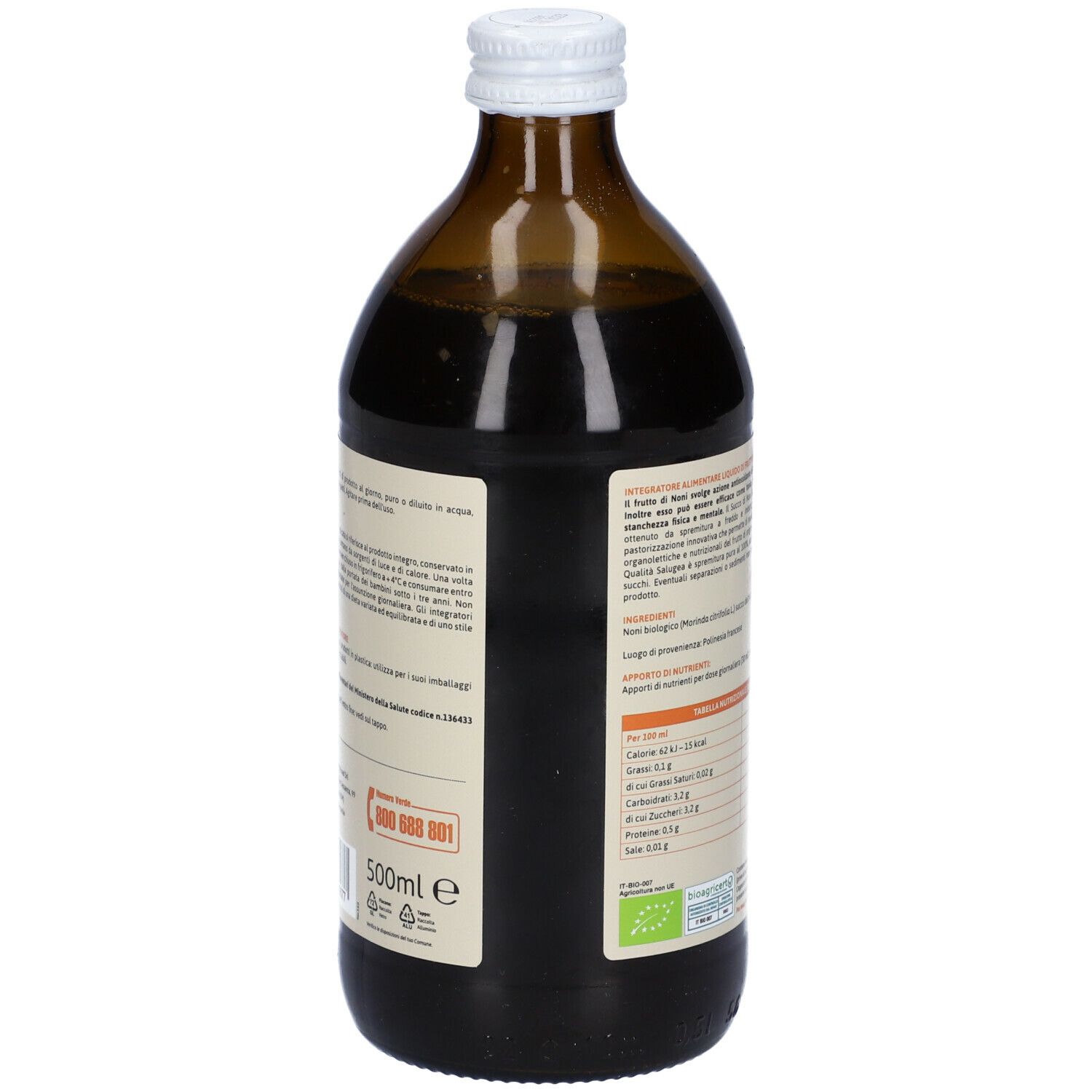 Retro della bottiglia di vetro marrone. Testo: Informazioni nutrizionali, ingredienti, certificazione biologica, contatti.