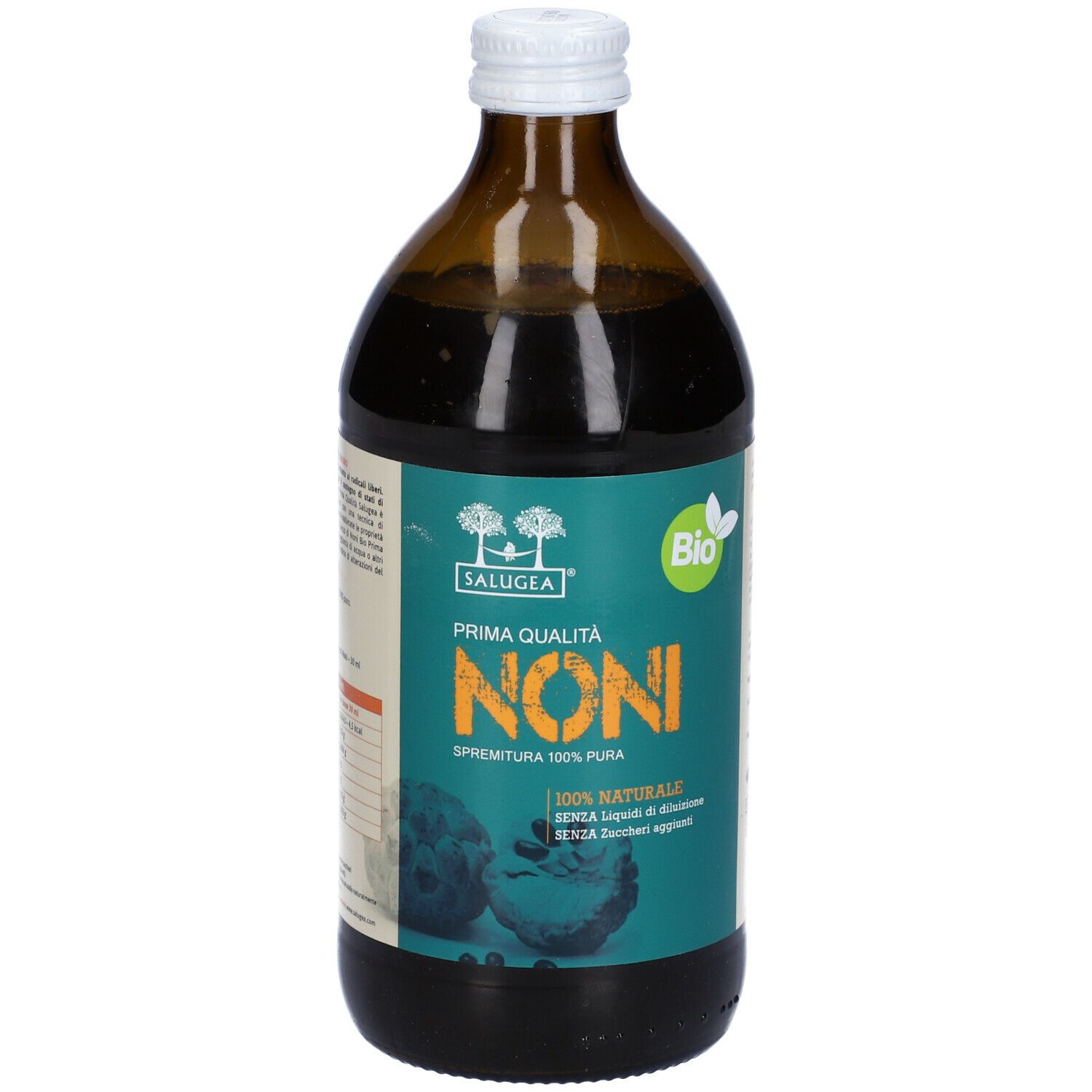Bottiglia di vetro marrone con etichetta verde. Scritta: Noni, Bio, 100% Pura. Con tappo bianco.