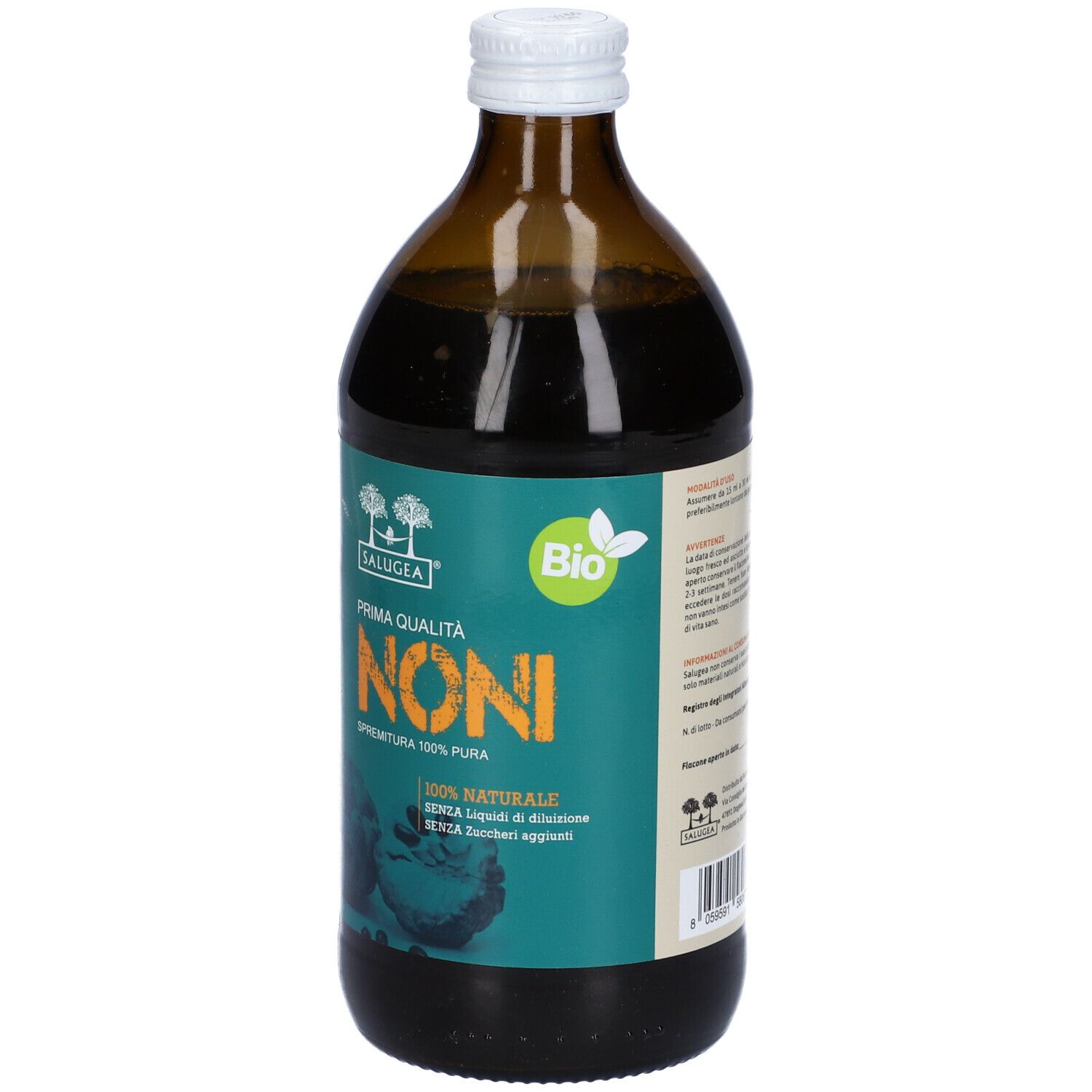 Bottiglia di vetro marrone con etichetta verde. Scritta: Noni, Bio, 100% Pura. Con tappo bianco.