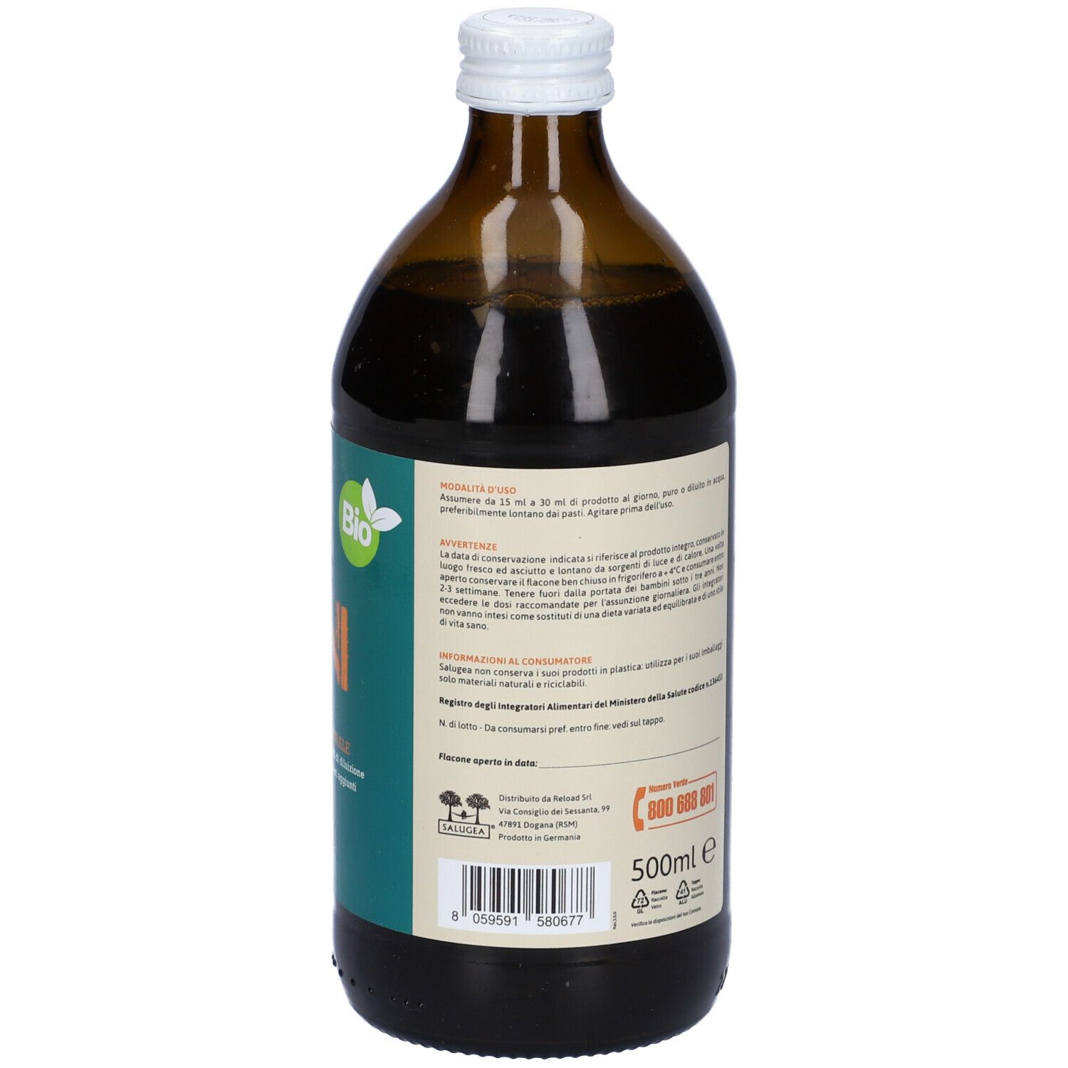 Retro della bottiglia di vetro marrone. Testo: Informazioni nutrizionali, ingredienti, certificazione biologica, contatti, 500 ml.