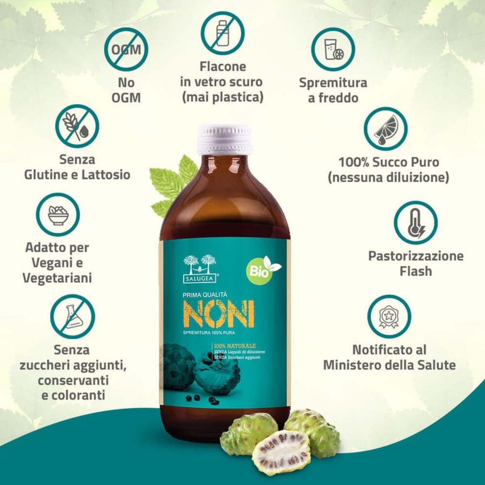 Bottiglia di vetro marrone con icone verdi. Testo: Senza OGM, senza glutine e lattosio, per vegani, senza zuccheri, conservanti e coloranti.