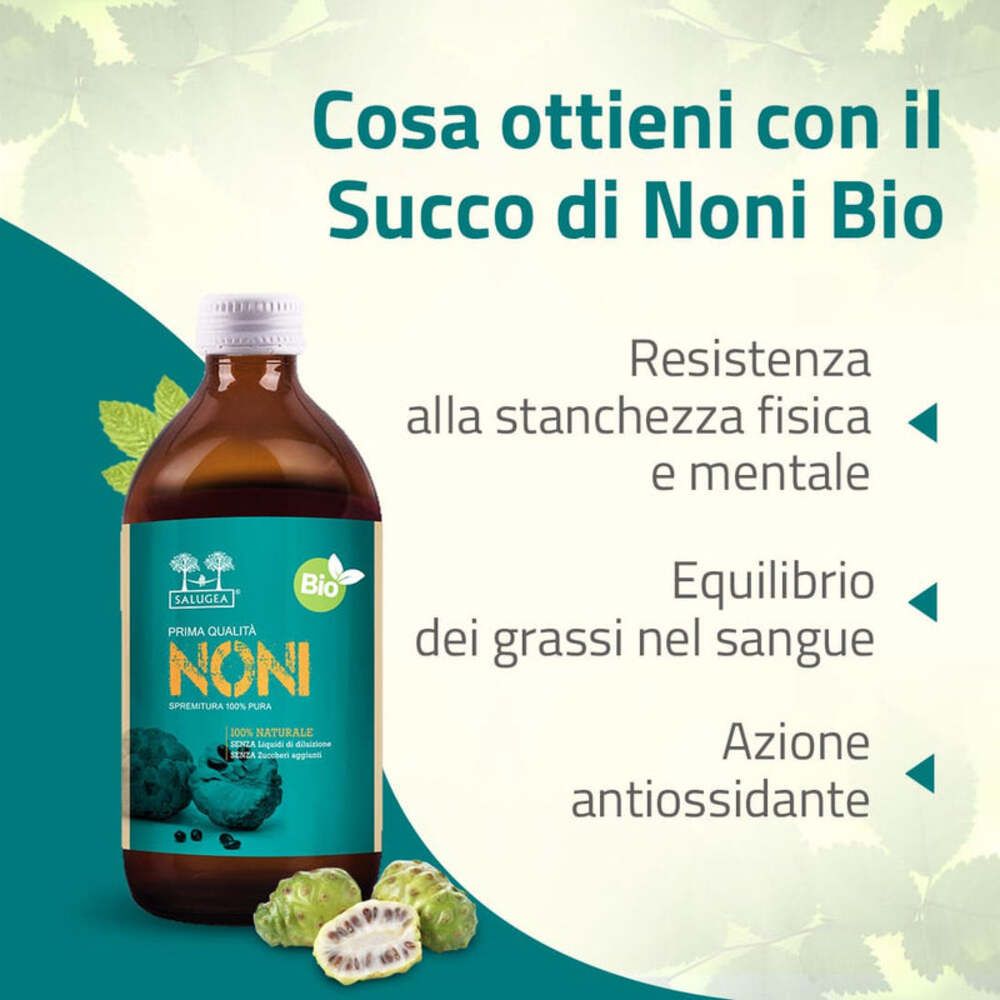 Bottiglia di vetro marrone con testo. Testo: Cosa ottieni con il succo di Noni Bio: resistenza, equilibrio, azione antiossidante.