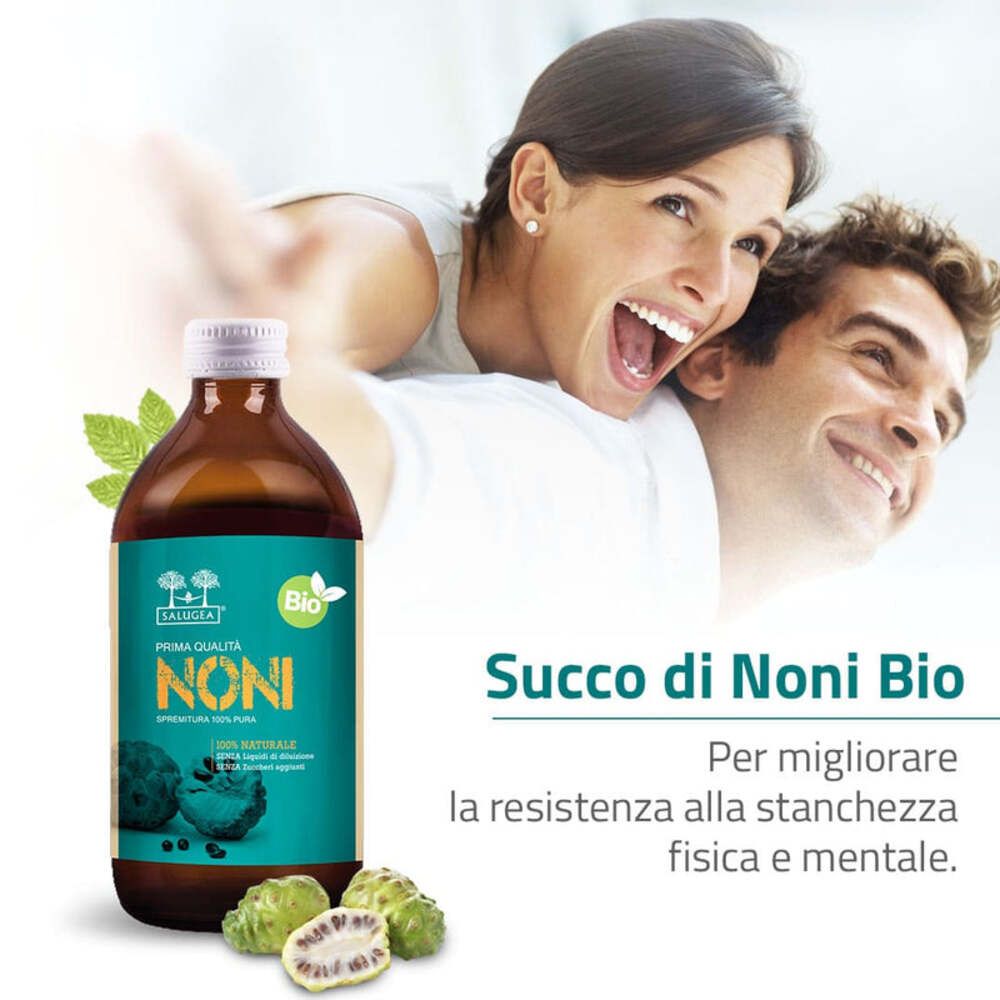Bottiglia di vetro marrone con testo e persone. Testo: Succo di Noni Bio. Per migliorare la resistenza.