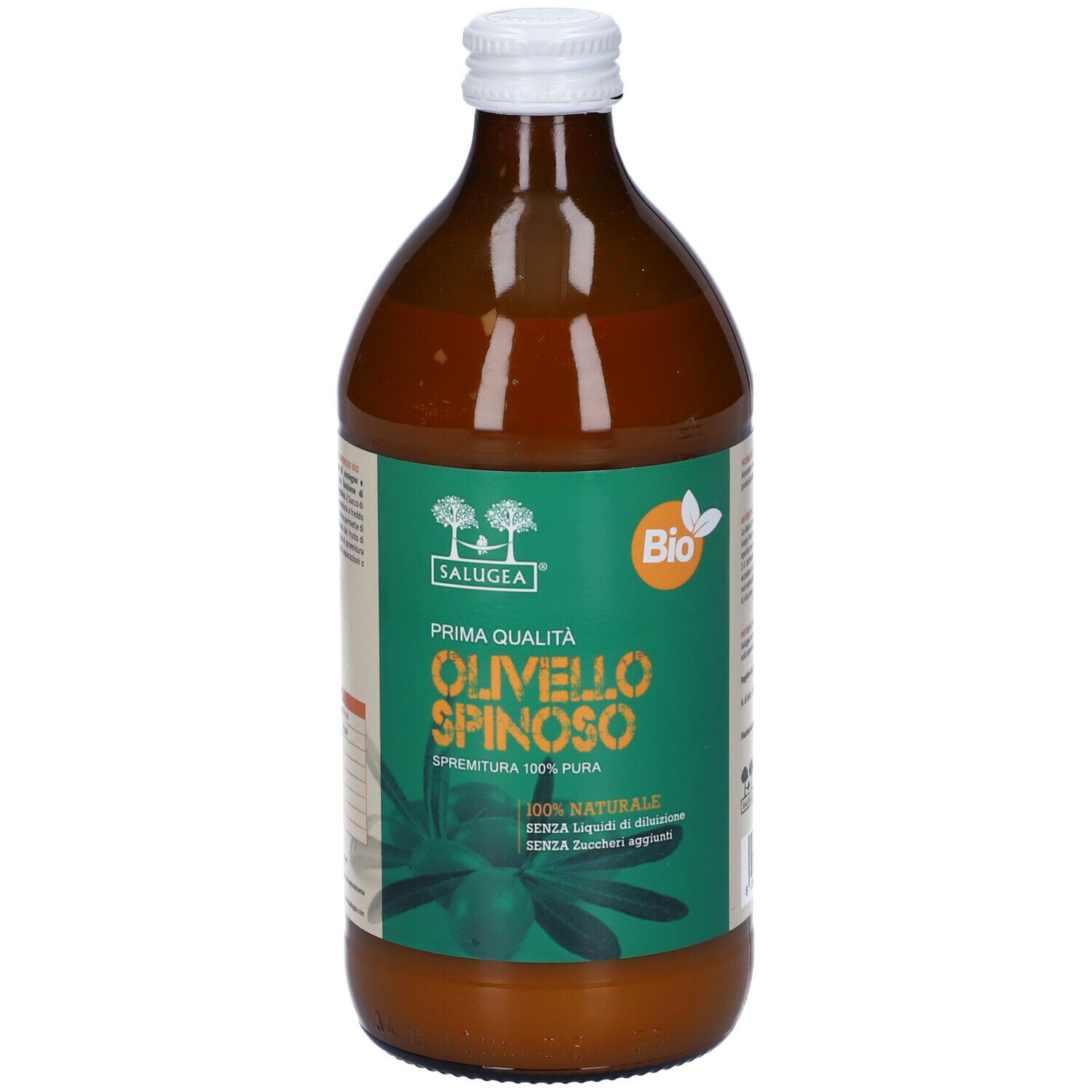 Bottiglia di vetro marrone con etichetta verde. Testo: Olivello Spinoso, Salugea, Bio. Tappo bianco.