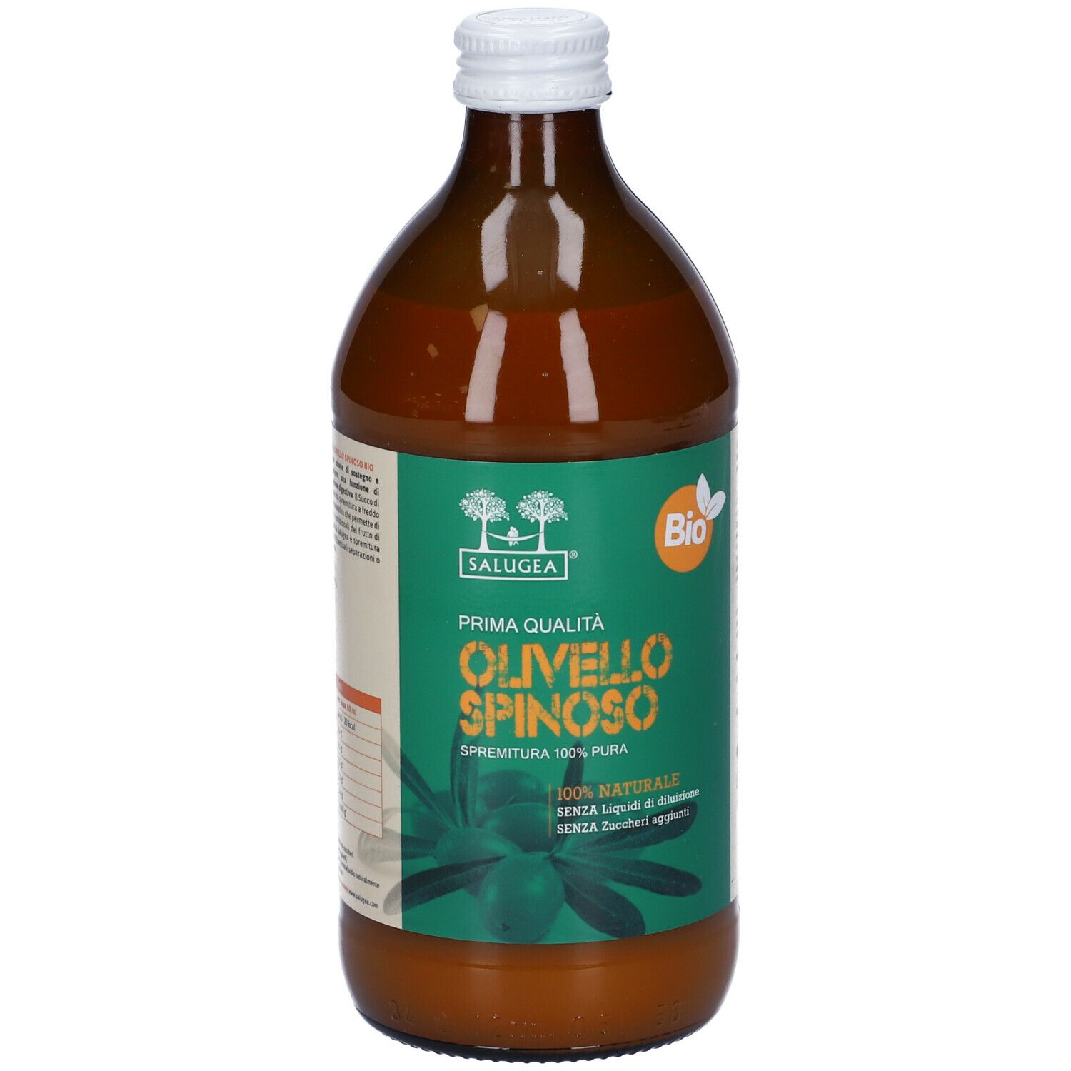 Bottiglia di vetro marrone con etichetta verde. Testo: Olivello Spinoso, Salugea, Bio. Tappo bianco.