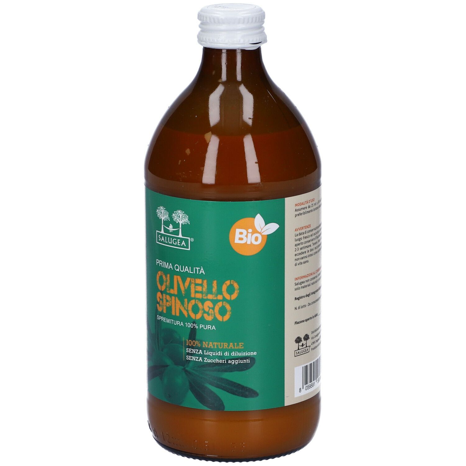 Bottiglia di vetro marrone con etichetta verde. Testo: Olivello Spinoso, Salugea, Bio. Tappo bianco.