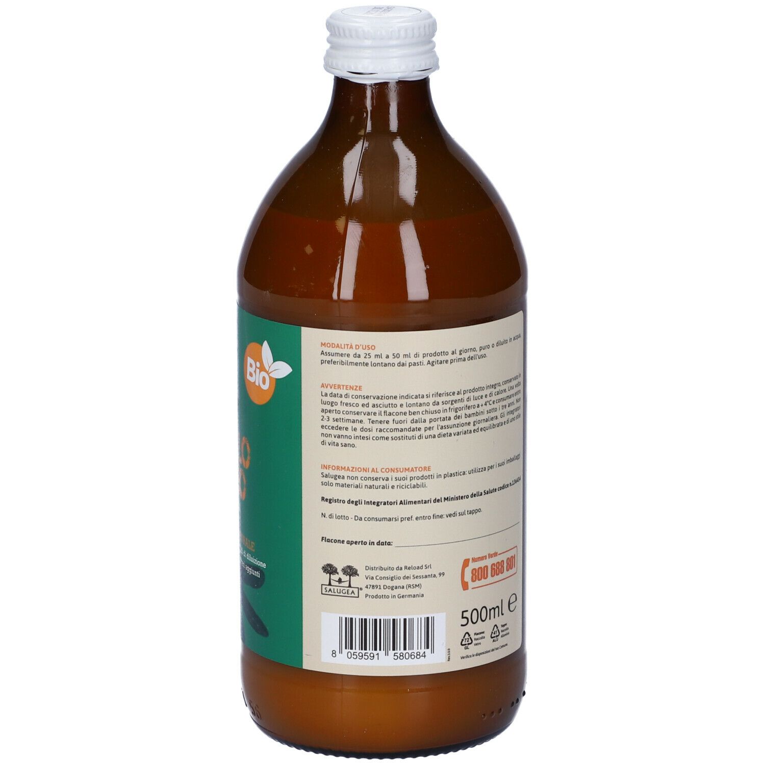 Retro della bottiglia del prodotto. Testo: Olivello Spinoso, Salugea, Bio. 500ml. Istruzioni per l'uso.