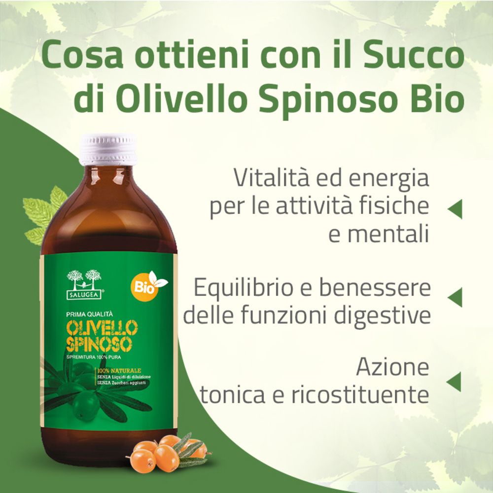 Bottiglia di prodotto accanto al testo. Testo: Cosa ottieni con il Succo di Olivello Spinoso Bio. Vantaggi.