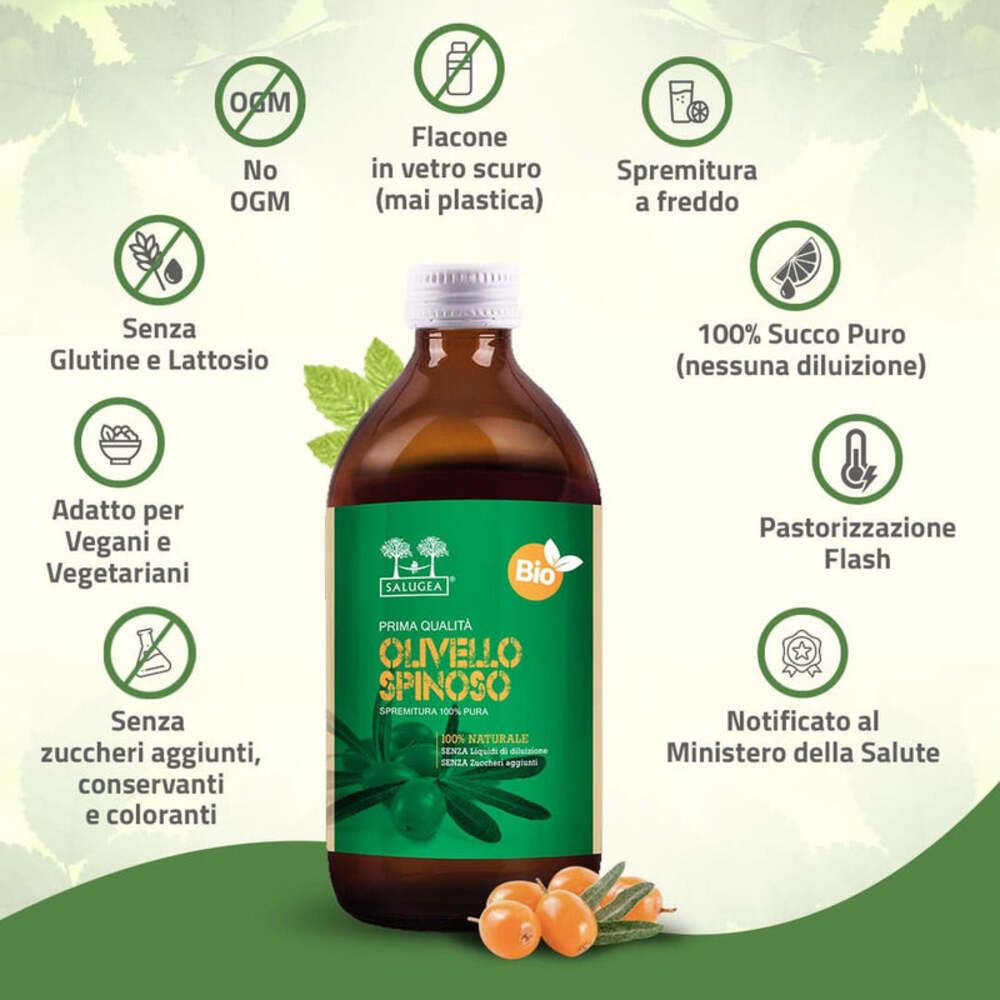 Bottiglia di prodotto con icone. Icone: Senza OGM, bottiglia di vetro scuro, spremitura a freddo, 100% succo, vegano.