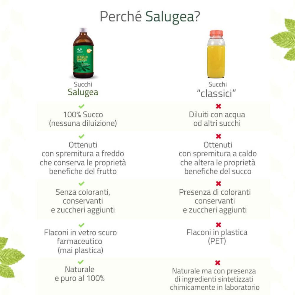 Confronto del succo Salugea con altri succhi. Testo: Perché Salugea? Vantaggi e svantaggi.
