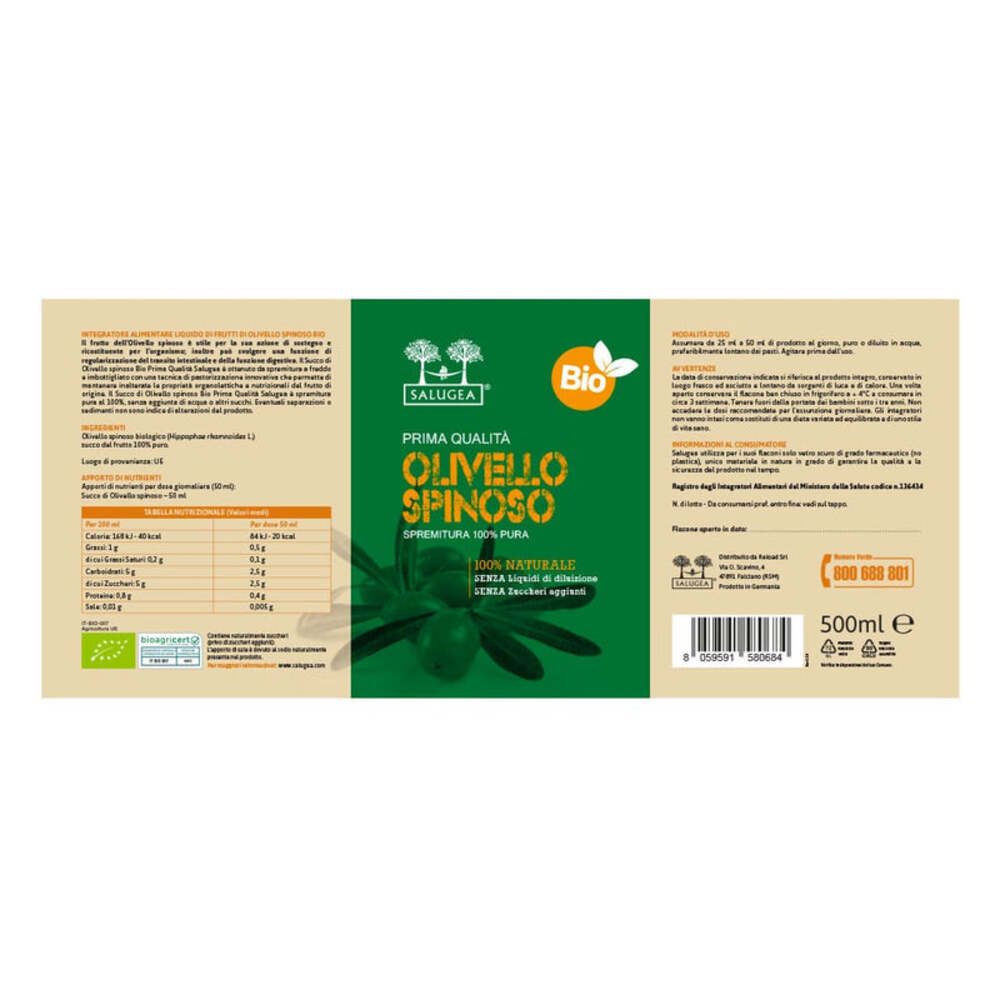 Etichetta del prodotto con informazioni nutrizionali e ingredienti. Testo: Olivello Spinoso, Salugea, Bio. 500ml.