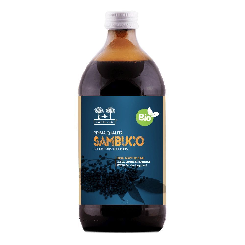 Braune Glasflasche mit weißem Deckel. Aufkleber mit Produktnamen und Bio-Siegel. Schwarze Beeren-Illustration.