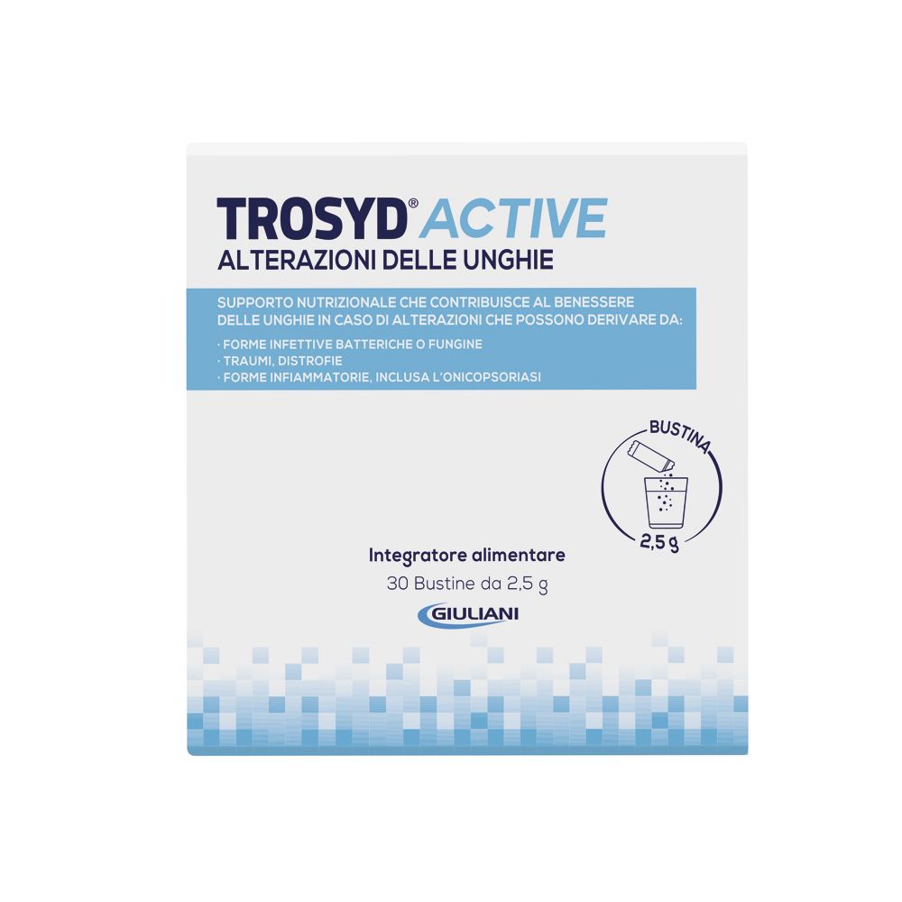 Scatola Trosyd® Active. Scritto: Alterazioni delle unghie. 30 bustine, 2,5 g. Logo Giuliani.