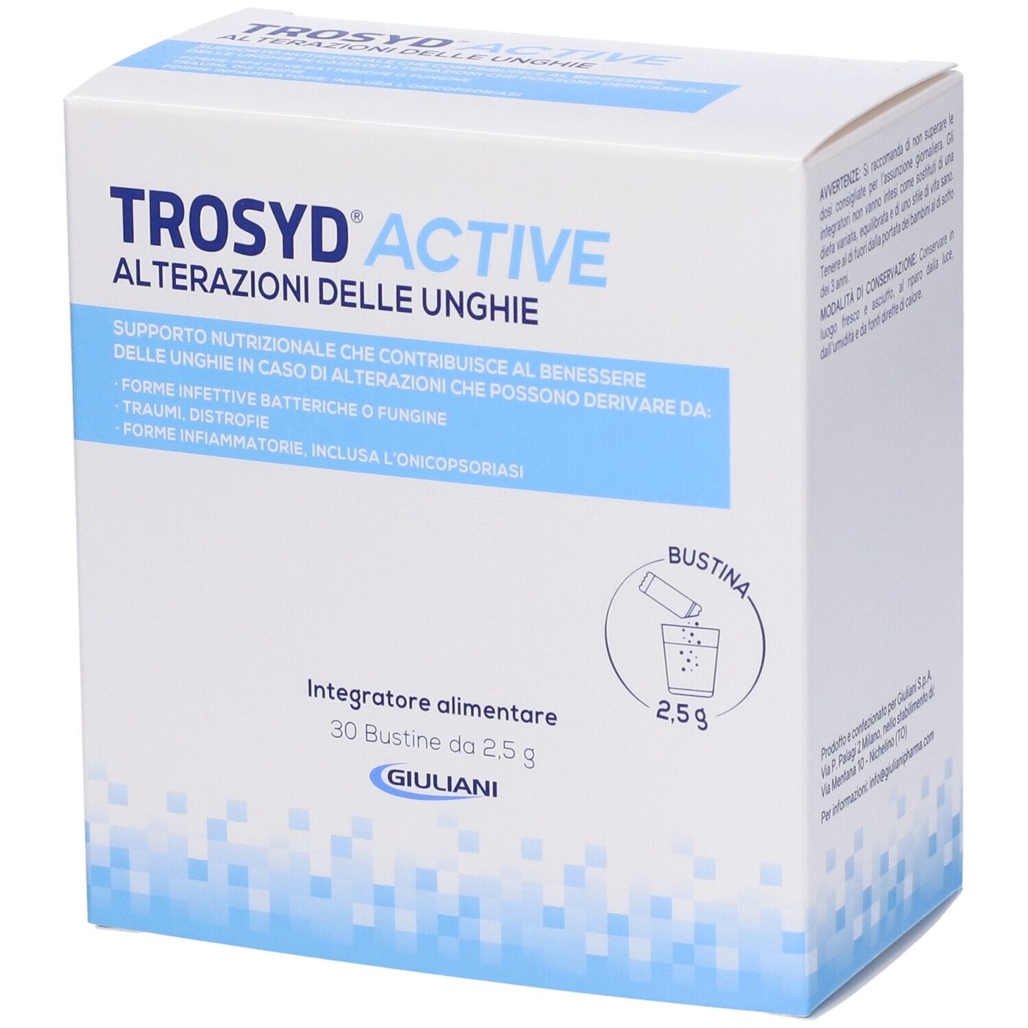 Scatola Trosyd® Active, leggermente angolata. Scritto: Alterazioni delle unghie. 30 bustine. Logo Giuliani.