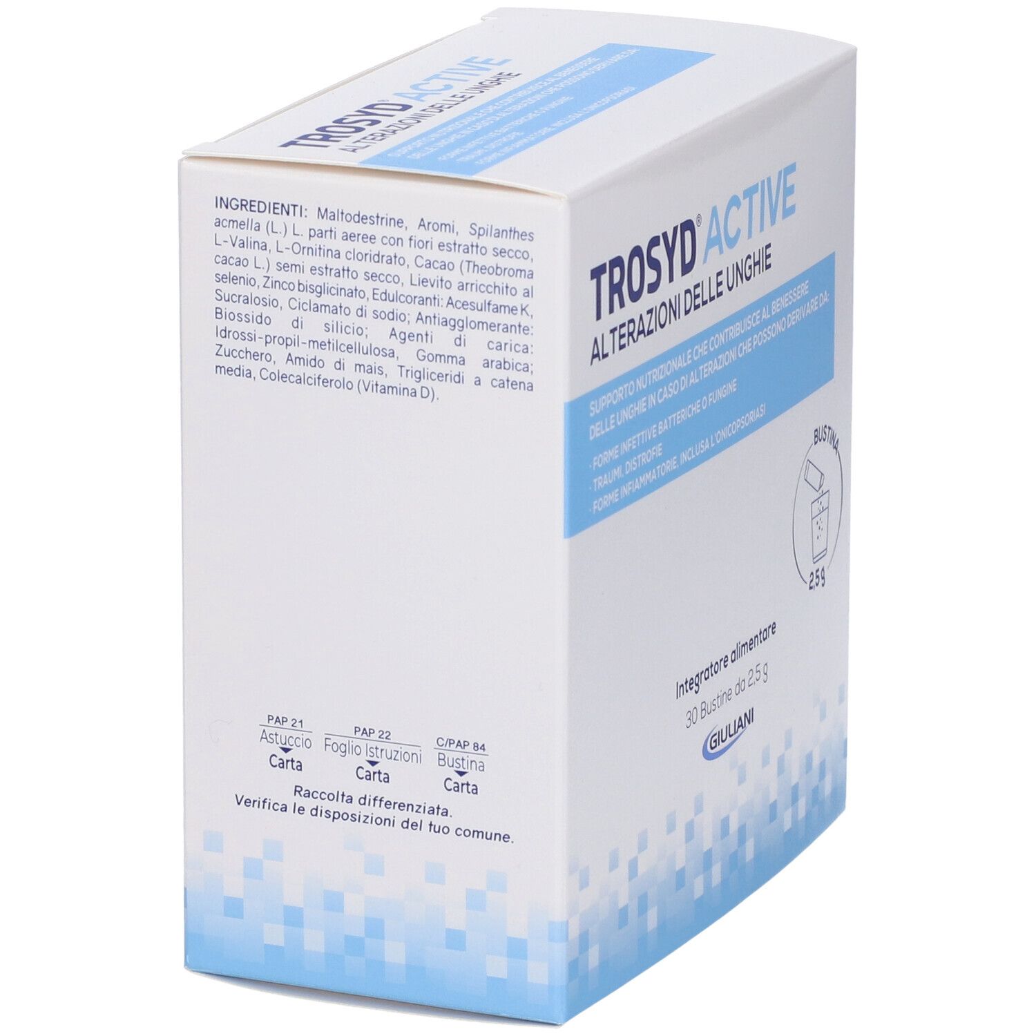 Retro della scatola Trosyd® Active. Elenco ingredienti, informazioni sullo smaltimento e logo Giuliani.