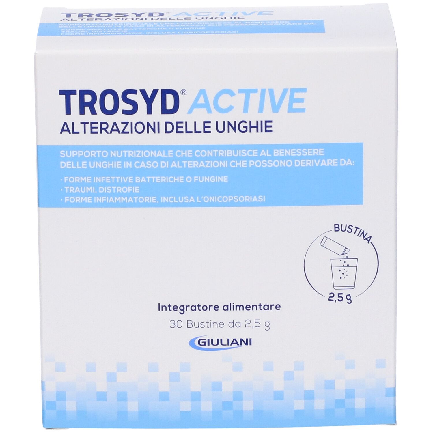 Scatola Trosyd® Active. Scritto: Alterazioni delle unghie. 30 bustine, 2,5 g. Logo Giuliani.