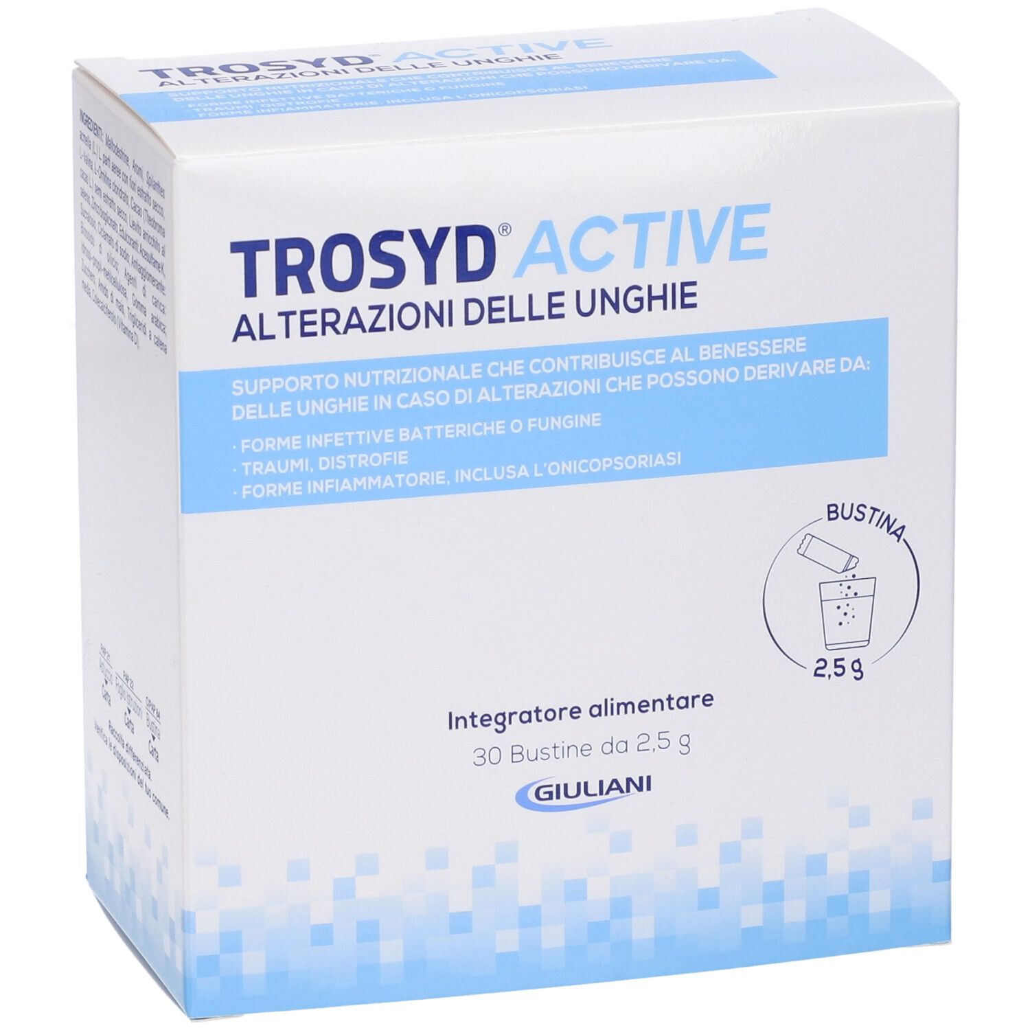 Scatola Trosyd® Active, leggermente angolata. Scritto: Alterazioni delle unghie. 30 bustine. Logo Giuliani.