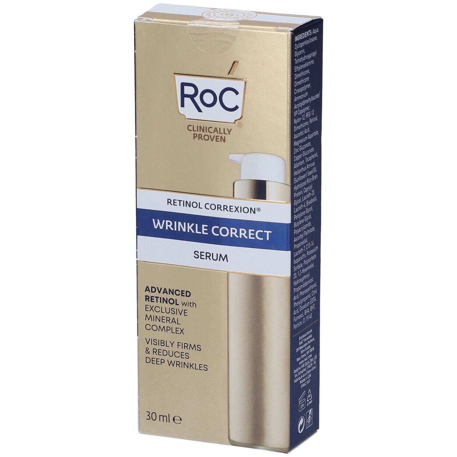 Confezione di siero. Marchio ROC, testo 'Retinol Correxion Wrinkle Correct Serum'. Contiene 30 ml.