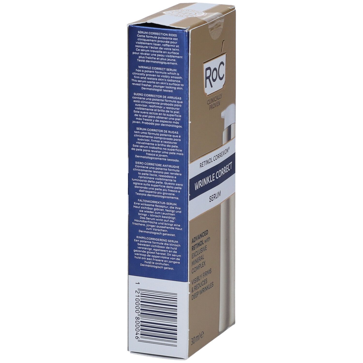 Confezione di siero. Marchio ROC, testo 'Retinol Correxion Wrinkle Correct Serum'. Contiene 30 ml. Vista laterale.