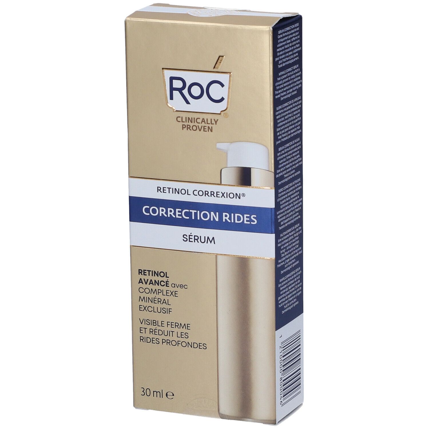 Confezione di siero. Marchio ROC, testo 'Correction Rides Serum'. Contiene 30 ml. Design dorato.
