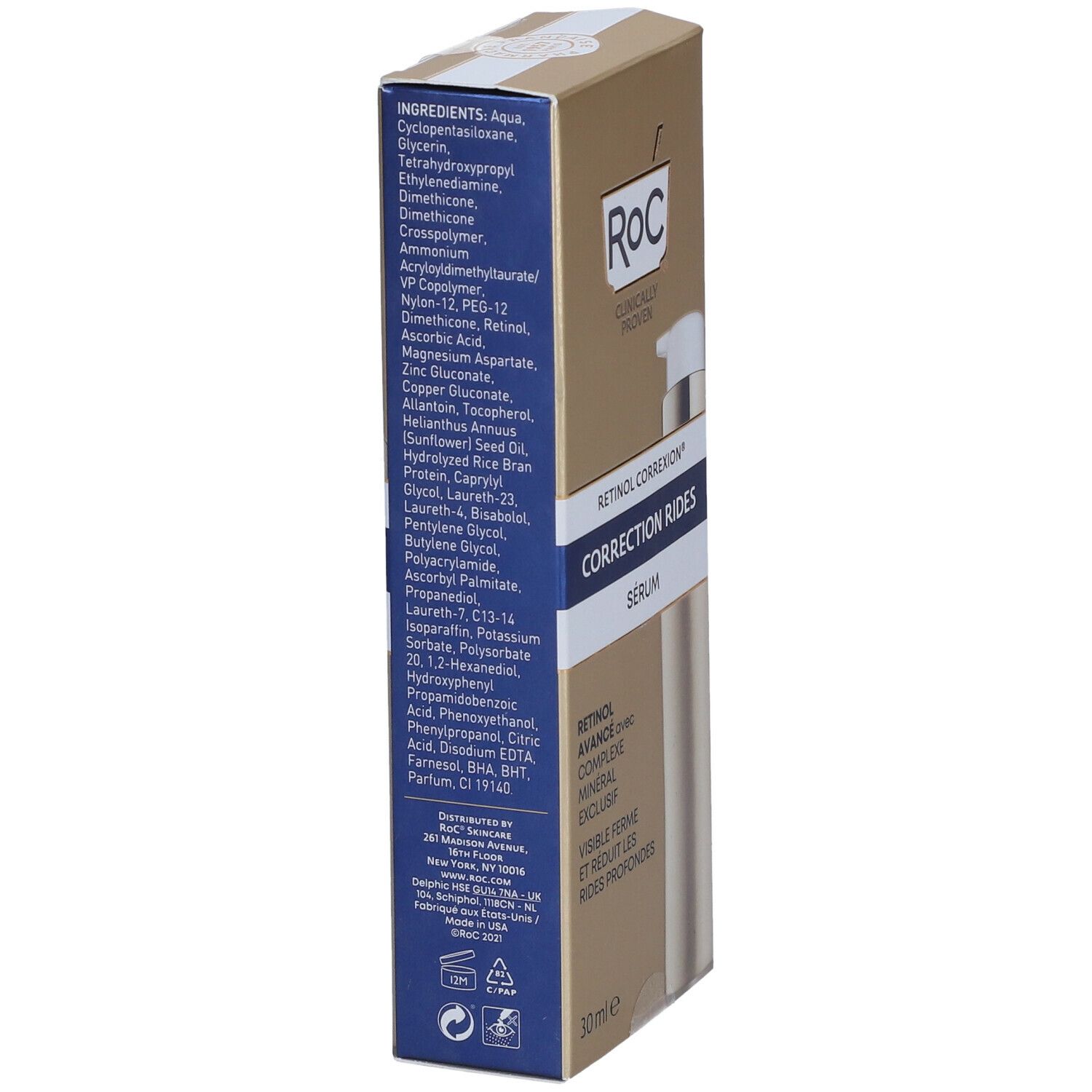 Confezione di siero. Marchio ROC, testo 'Correction Rides Serum'. Contiene 30 ml. Retro con ingredienti.