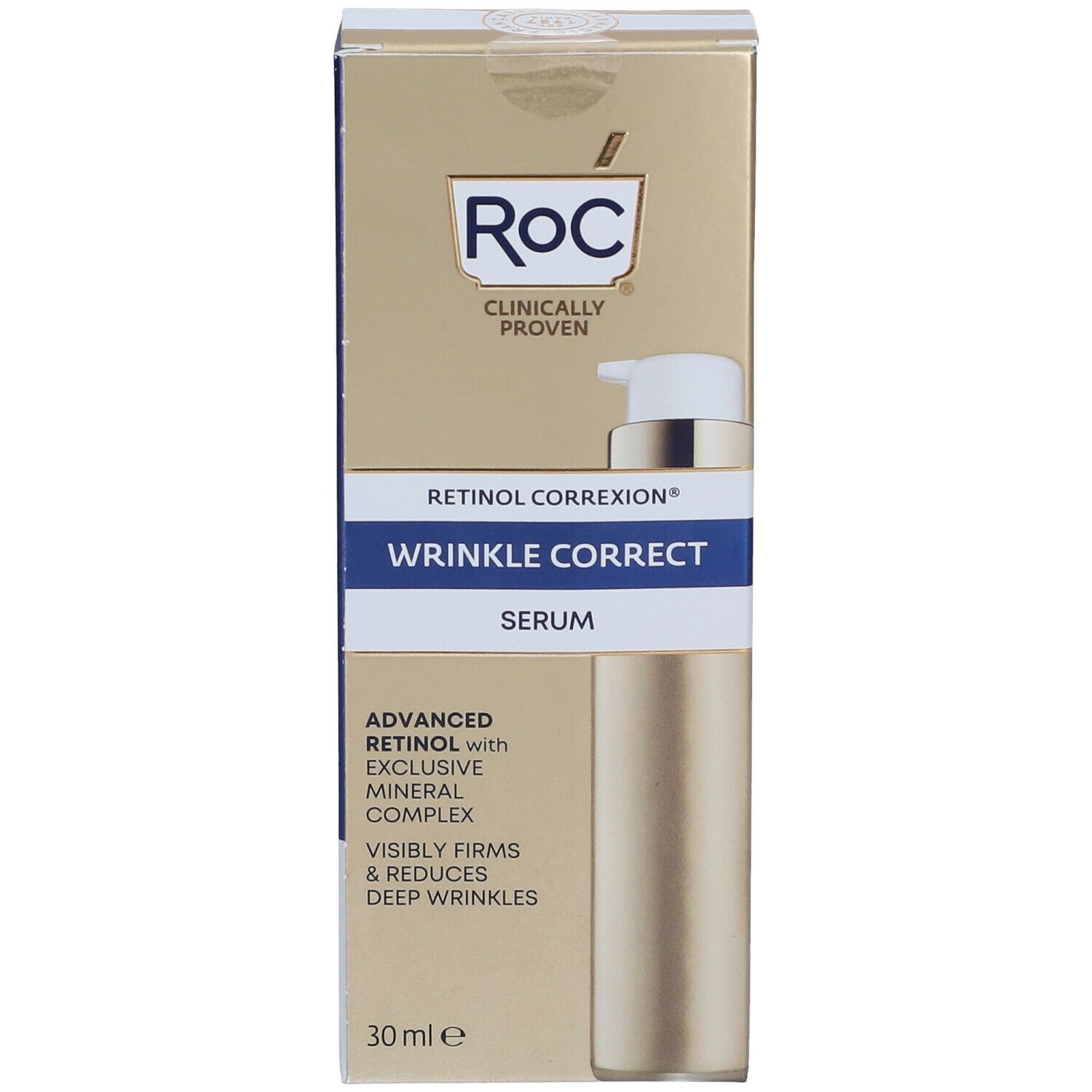 Confezione di siero. Marchio ROC, testo 'Retinol Correxion Wrinkle Correct Serum'. Contiene 30 ml. Design dorato.