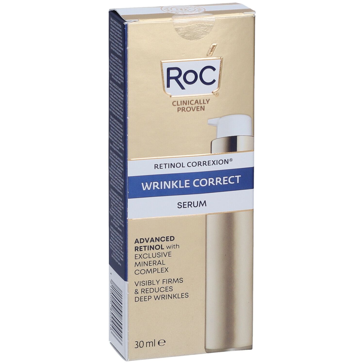 Confezione di siero. Marchio ROC, testo 'Retinol Correxion Wrinkle Correct Serum'. Contiene 30 ml. Design dorato.