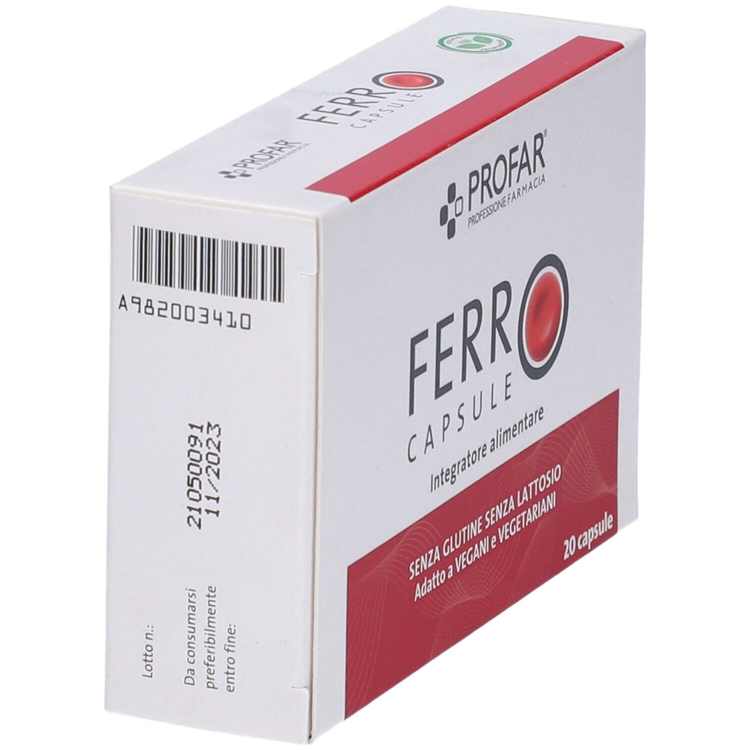 Scatola bianca, angolata. Scritto: PROFAR, FERRO CAPSULE. Codice a barre, data di scadenza. Senza glutine, senza lattosio, per vegani. 20 capsule.