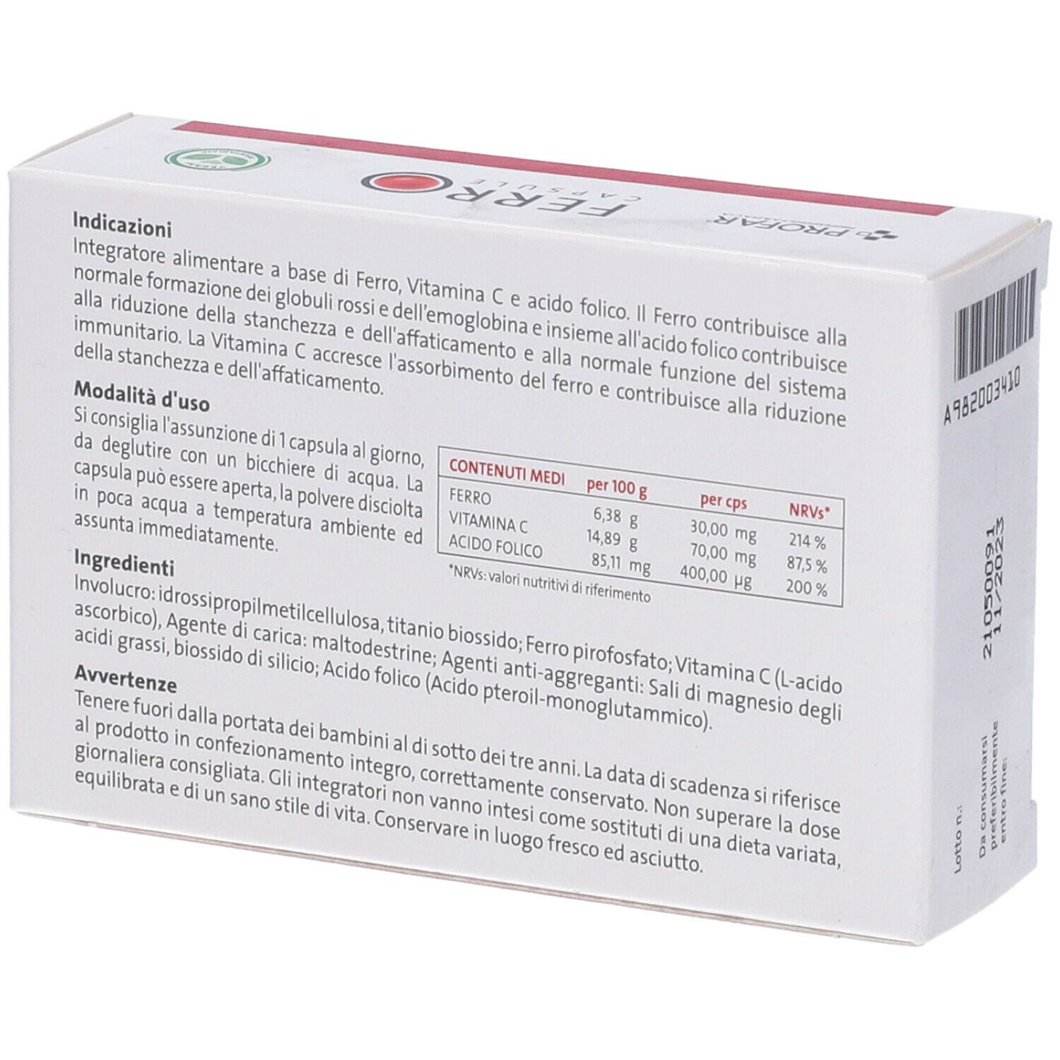 Scatola bianca, retro. Testo: ingredienti, uso, avvertenze. Logo PROFAR. Informazioni nutrizionali per 100g e per capsula.