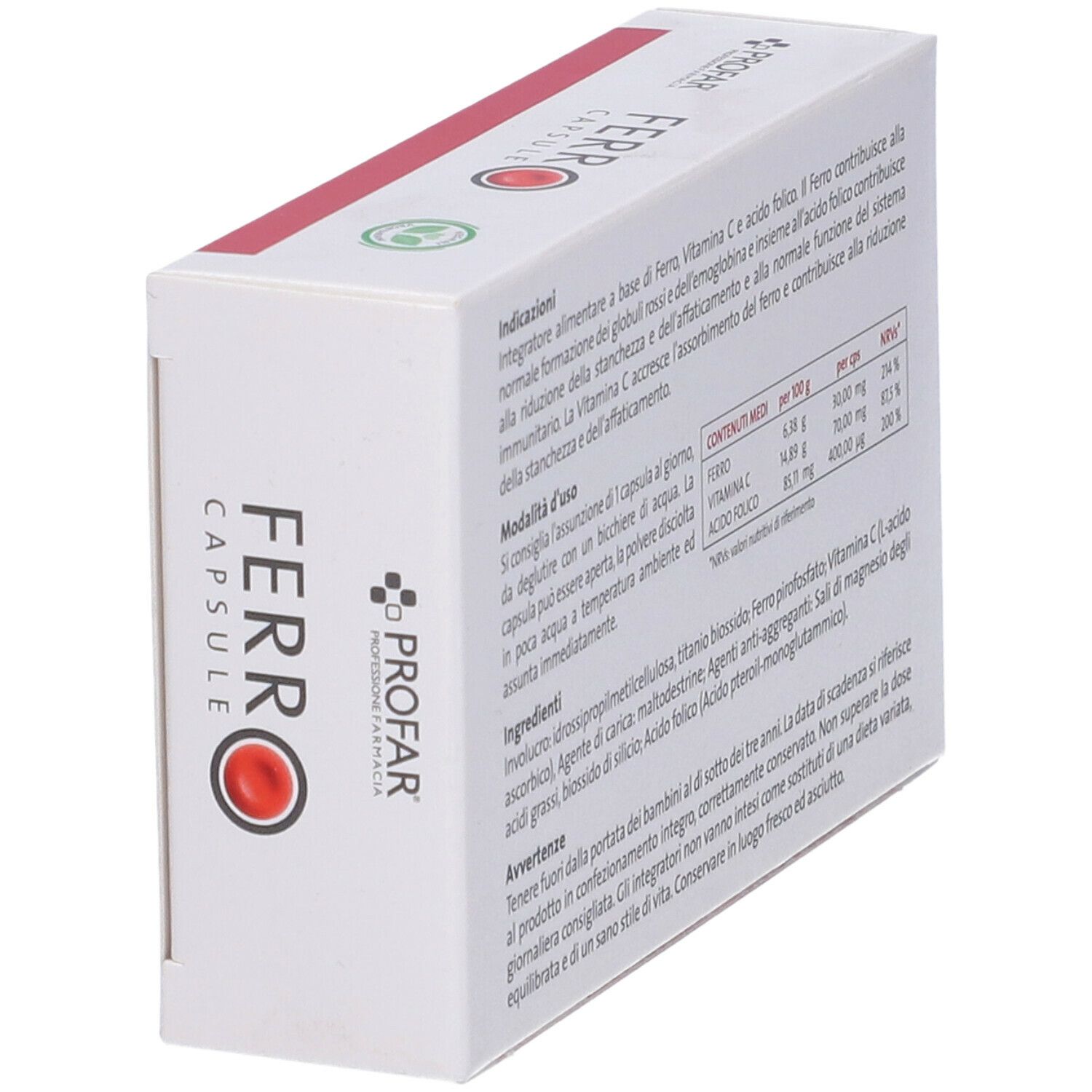 Scatola bianca, angolata. Scritto: PROFAR, FERRO CAPSULE. Testo e logo. Retro con testo. Fascia rossa.