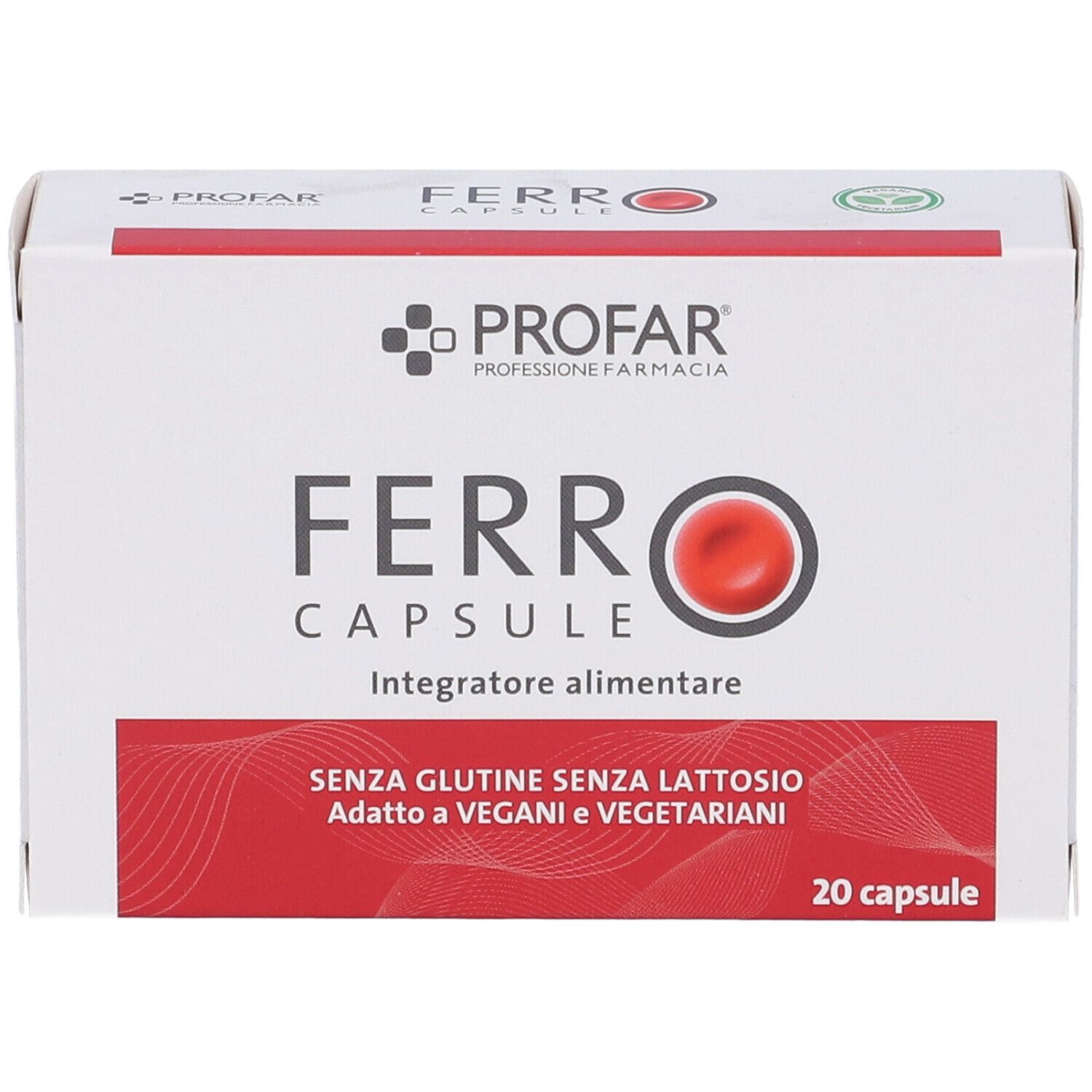 Scatola bianca con fascia rossa. Scritto: PROFAR, FERRO CAPSULE, 20 capsule. Senza glutine, senza lattosio, adatto a vegani.