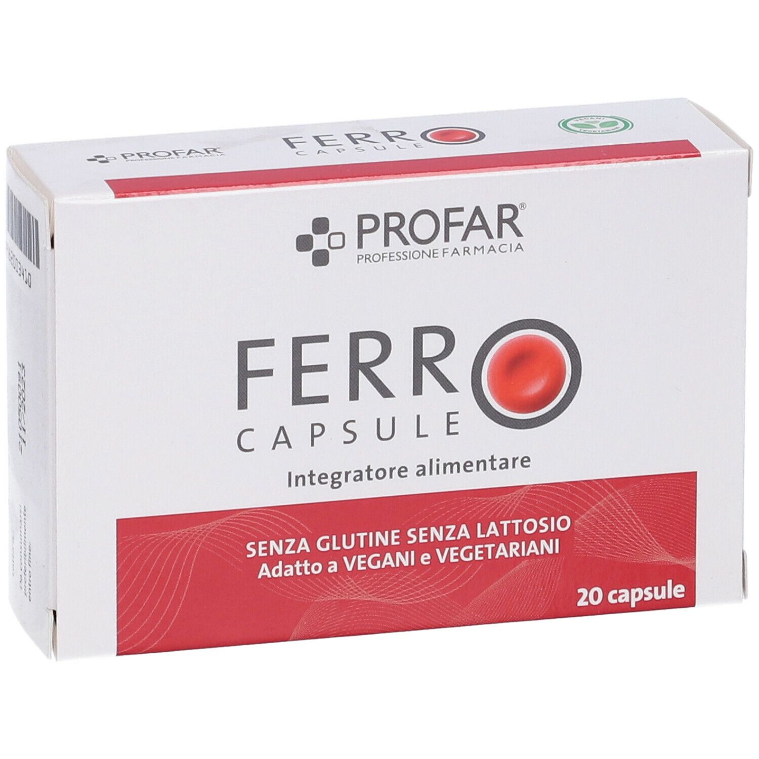 Scatola bianca con fascia rossa. Scritto: PROFAR, FERRO CAPSULE, 20 capsule. Senza glutine, senza lattosio, adatto a vegani.