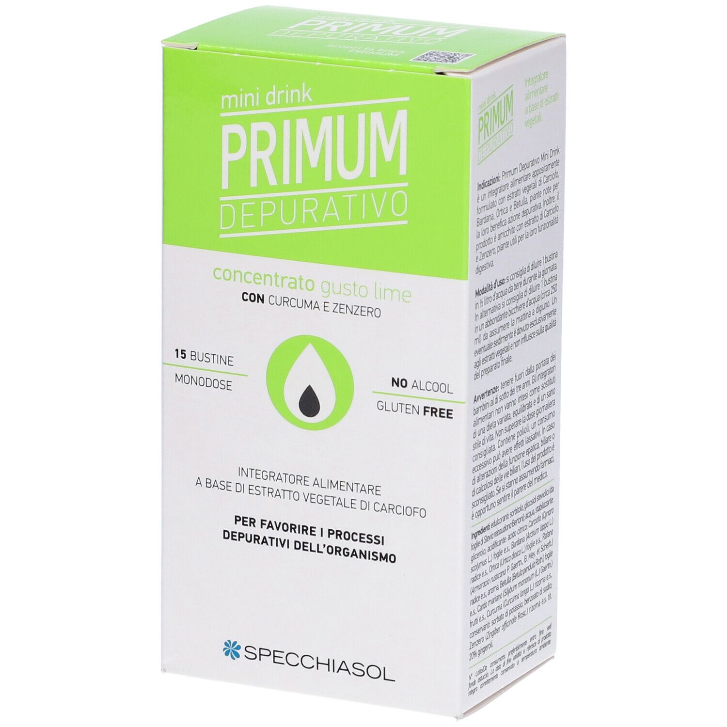 Scatola con informazioni sul prodotto. Scritto: Primum Depurativo, 15 bustine, senza glutine, senza alcool. Marchio: Specchiasol.