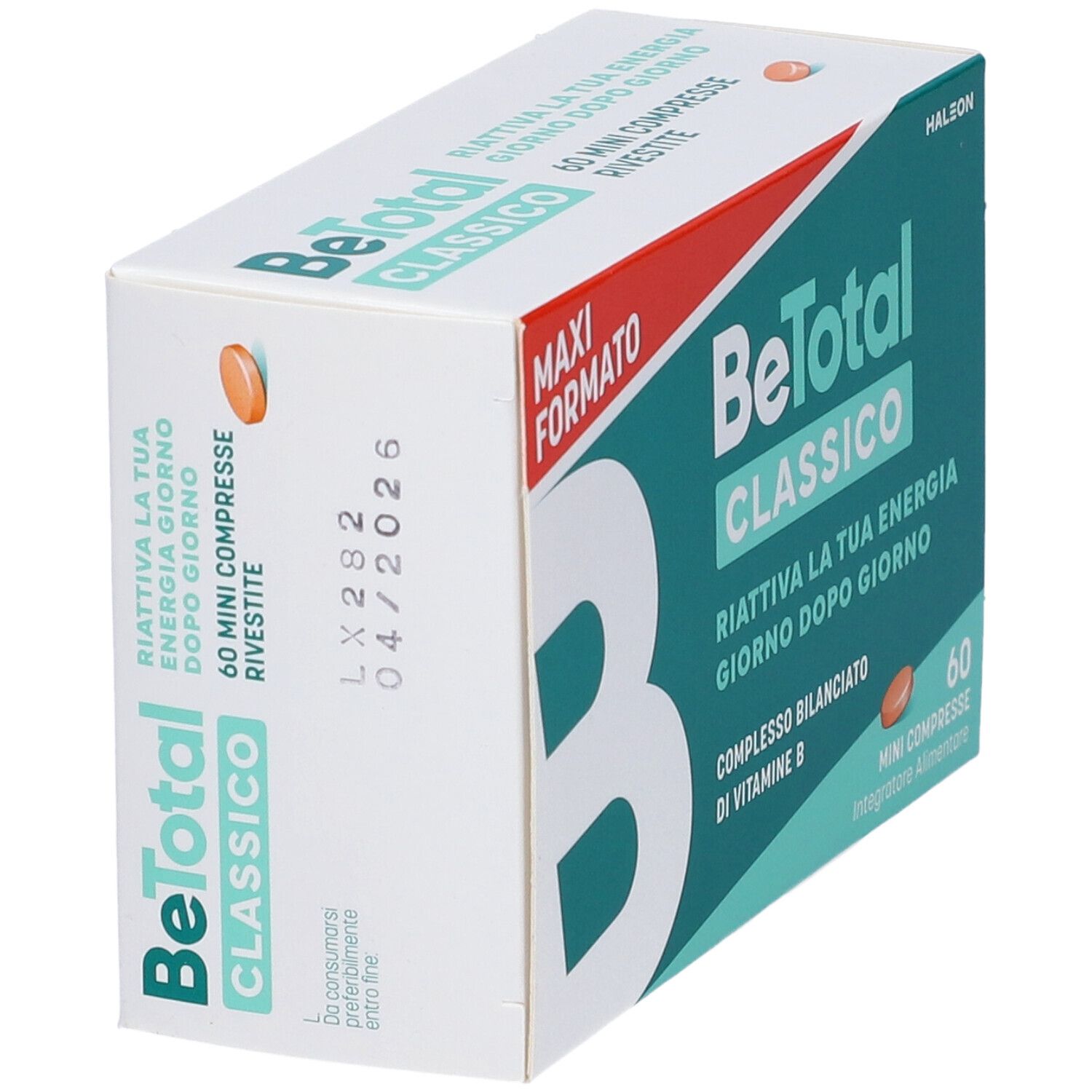 Scatola BeTotal Classico. Scritta: Maxi Formato, 60 mini compresse. Compressa arancione. Scadenza.