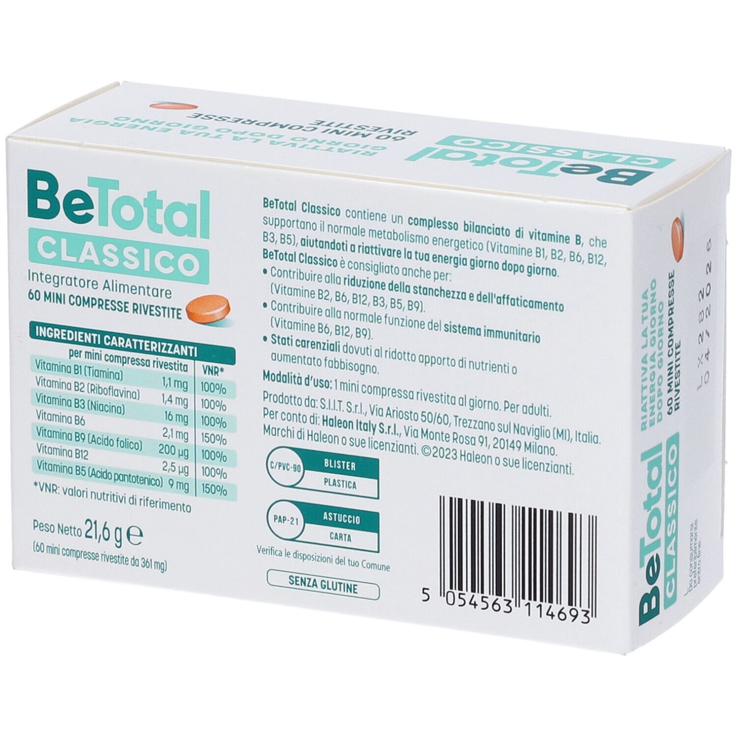 Retro scatola BeTotal Classico. Testo: ingredienti, informazioni nutrizionali, produttore, codice a barre.