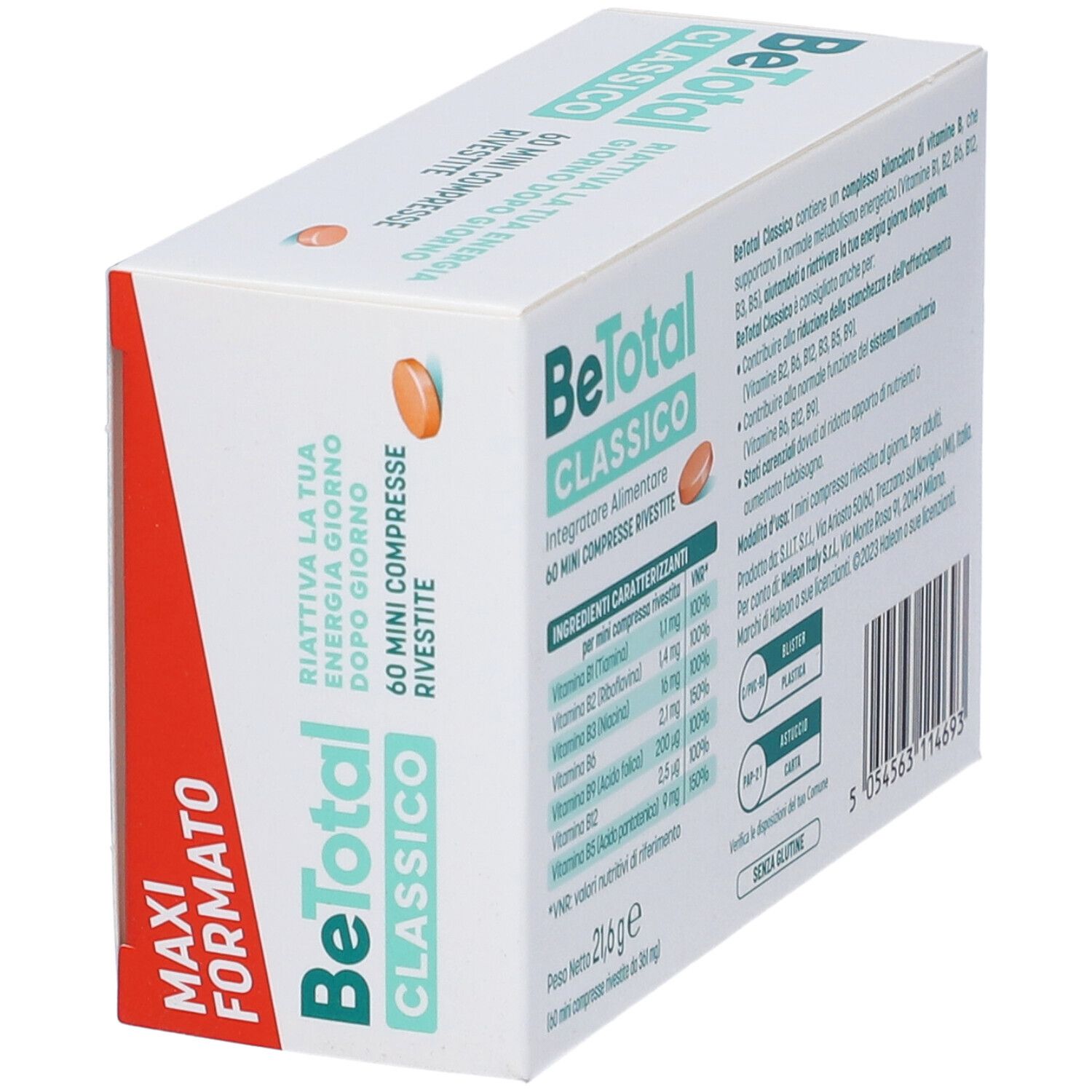 Scatola BeTotal Classico. Scritta: Maxi Formato, 60 mini compresse. Compressa arancione. Ingredienti sul retro.