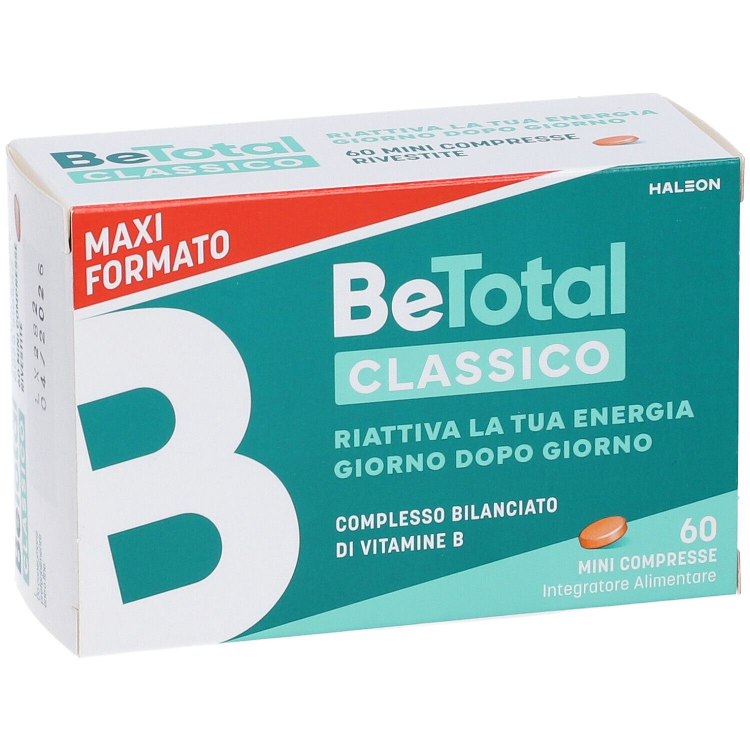 Scatola BeTotal Classico. Scritta: Maxi Formato, 60 mini compresse. Compressa arancione. Marchio HALEON.