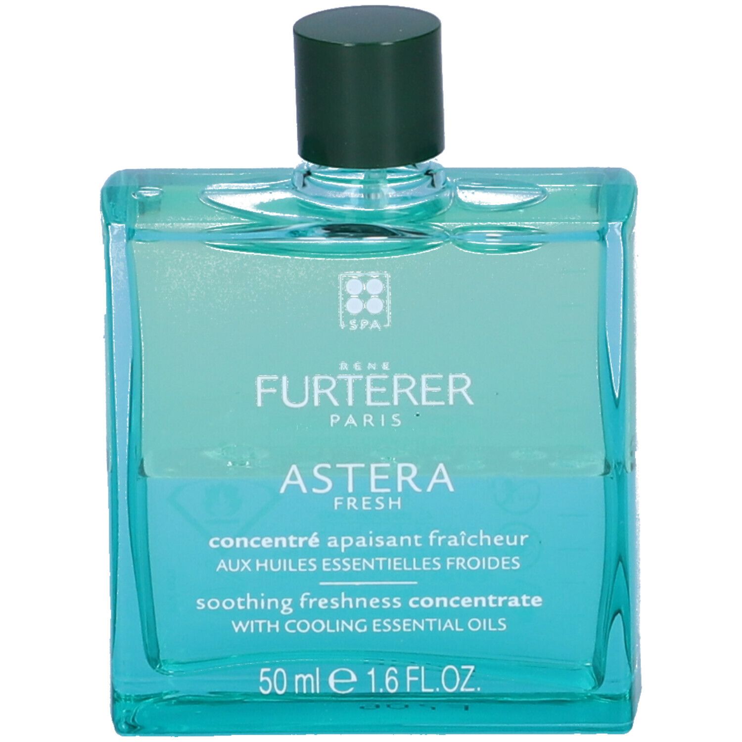 Flacone quadrato con tappo verde. Scritte: RENE FURTERER PARIS, ASTERA FRESH, 50 ml.