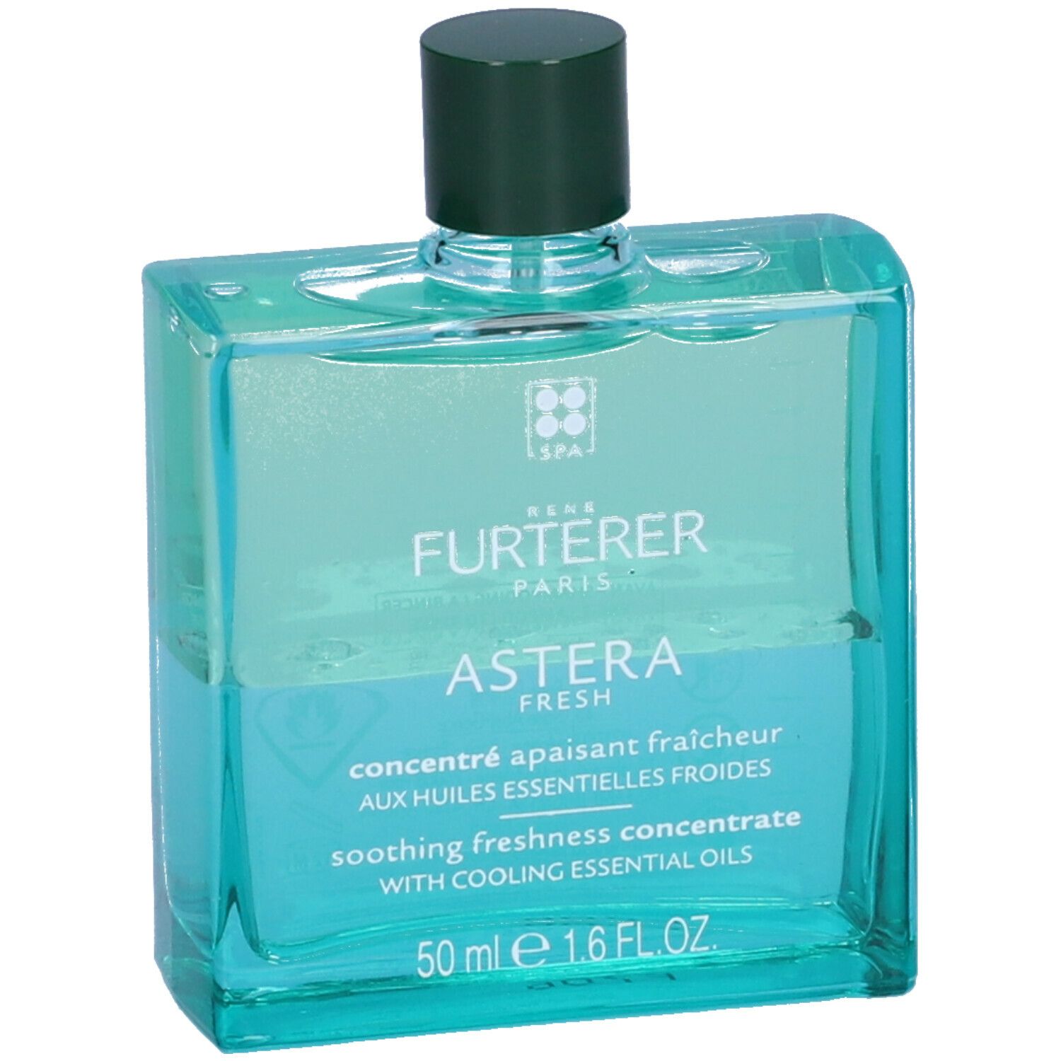Flacone quadrato con tappo verde. Scritte: RENE FURTERER PARIS, ASTERA FRESH, 50 ml.