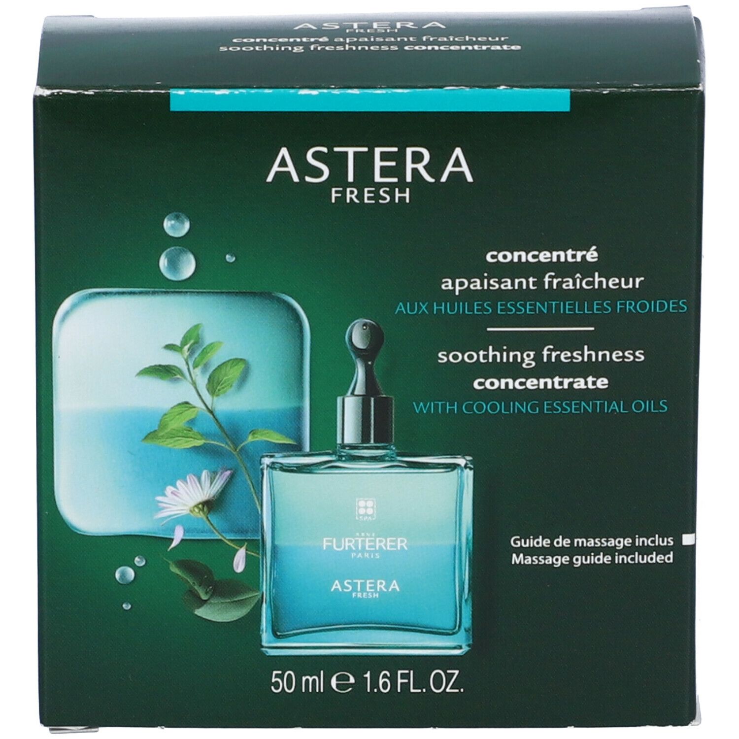 Prodotto e confezione. Scritte: ASTERA FRESH, 50 ml. Con guida massaggio.