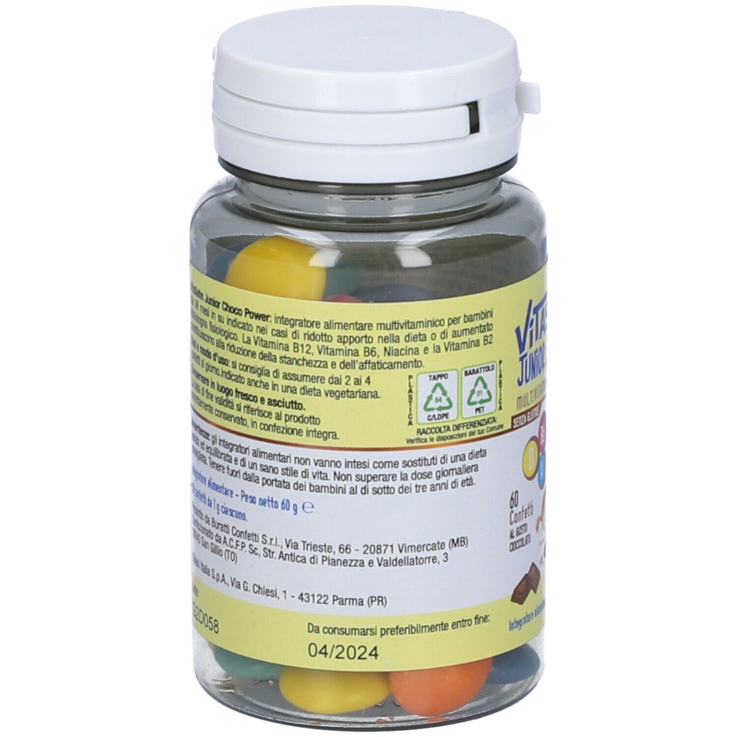 Retro del flacone con testo. Scritta: Vitasohn Junior Choco Power. Scadenza: 04/2024. Peso: 60 g.