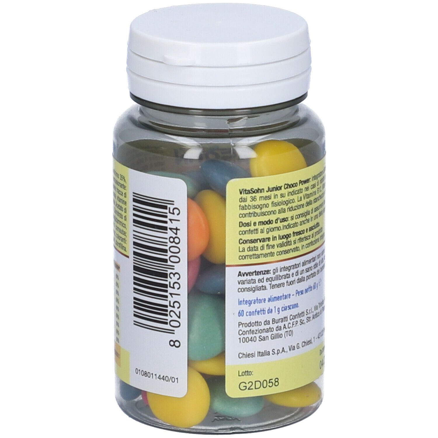 Retro del flacone con testo e codice a barre. Scritta: Vitasohn Junior Choco Power. Numero di lotto: G2D058. 60 confetti.