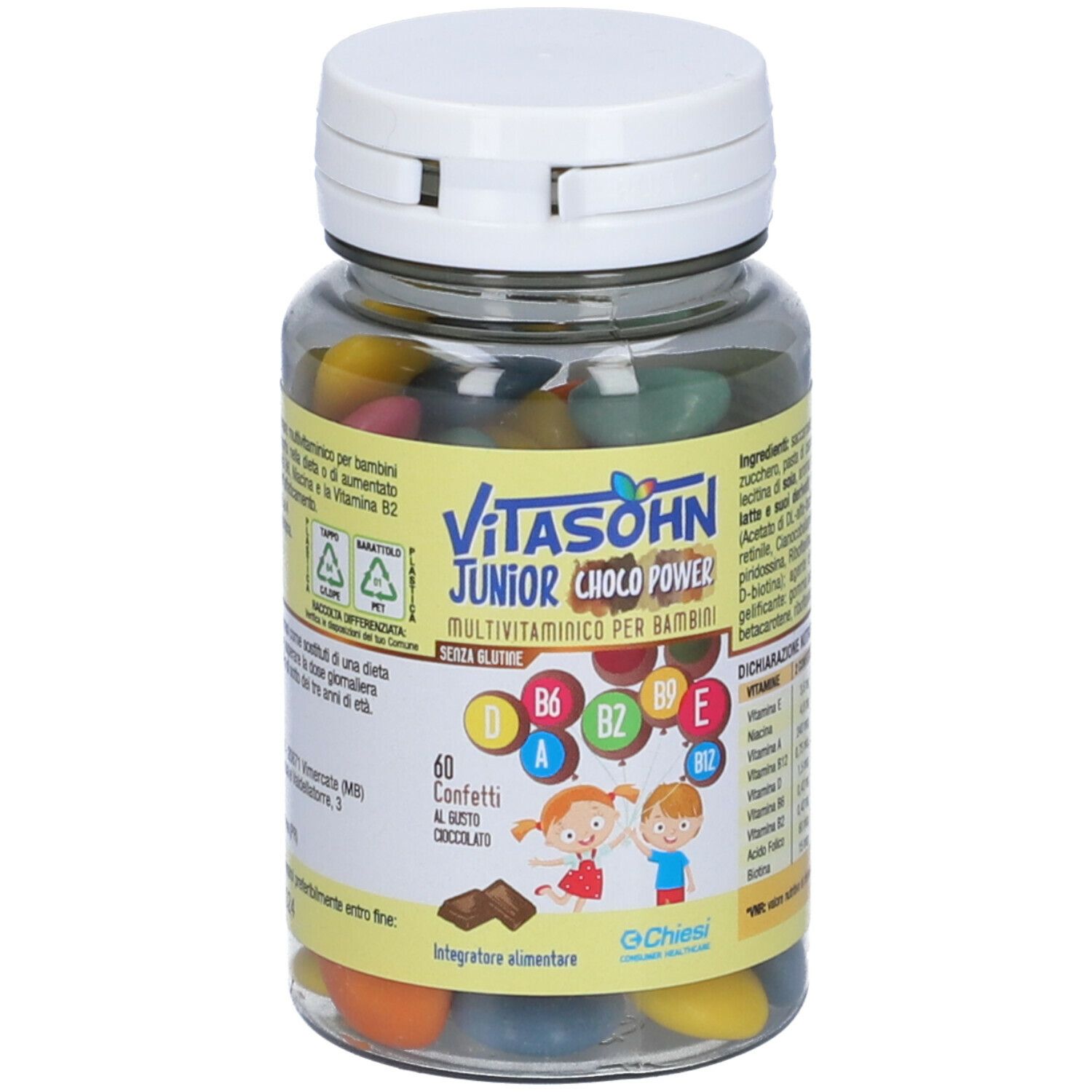 Flacone trasparente con confetti colorati. Scritta: Vitasohn Junior Choco Power. 60 confetti. Multivitaminico per bambini.
