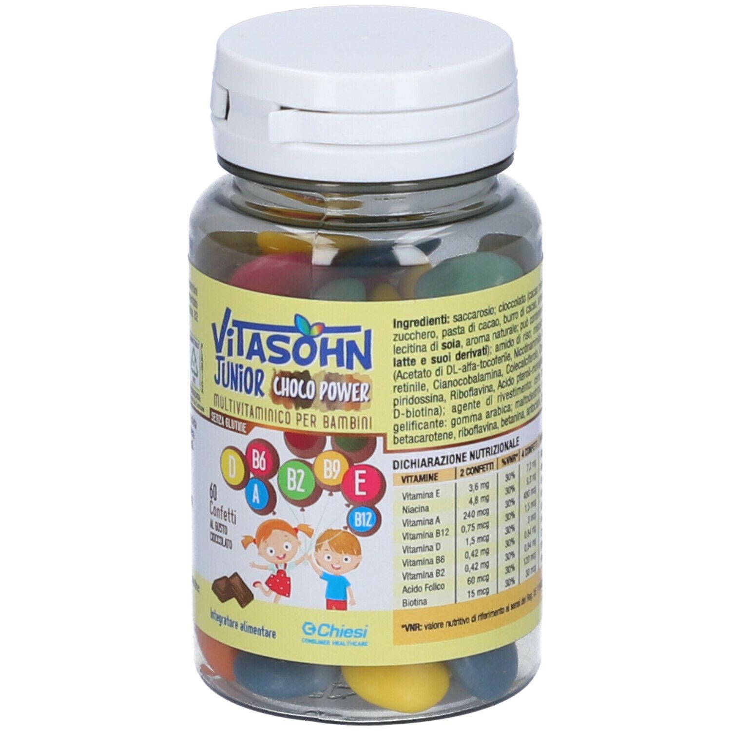 Flacone trasparente con confetti colorati. Scritta: Vitasohn Junior Choco Power. 60 confetti. Informazioni nutrizionali.
