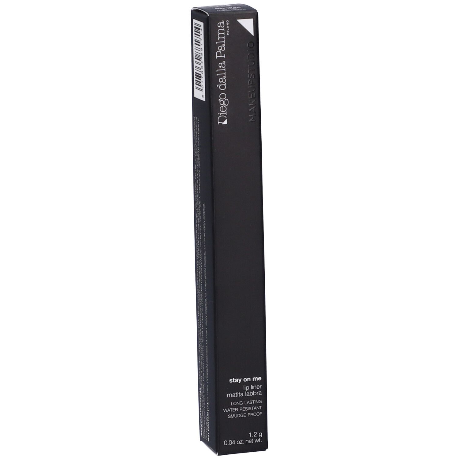Confezione nera con informazioni sul prodotto. Marchio Diego dalla Palma. Testo: Stay on me, lip liner, matita labbra. 1,2g.